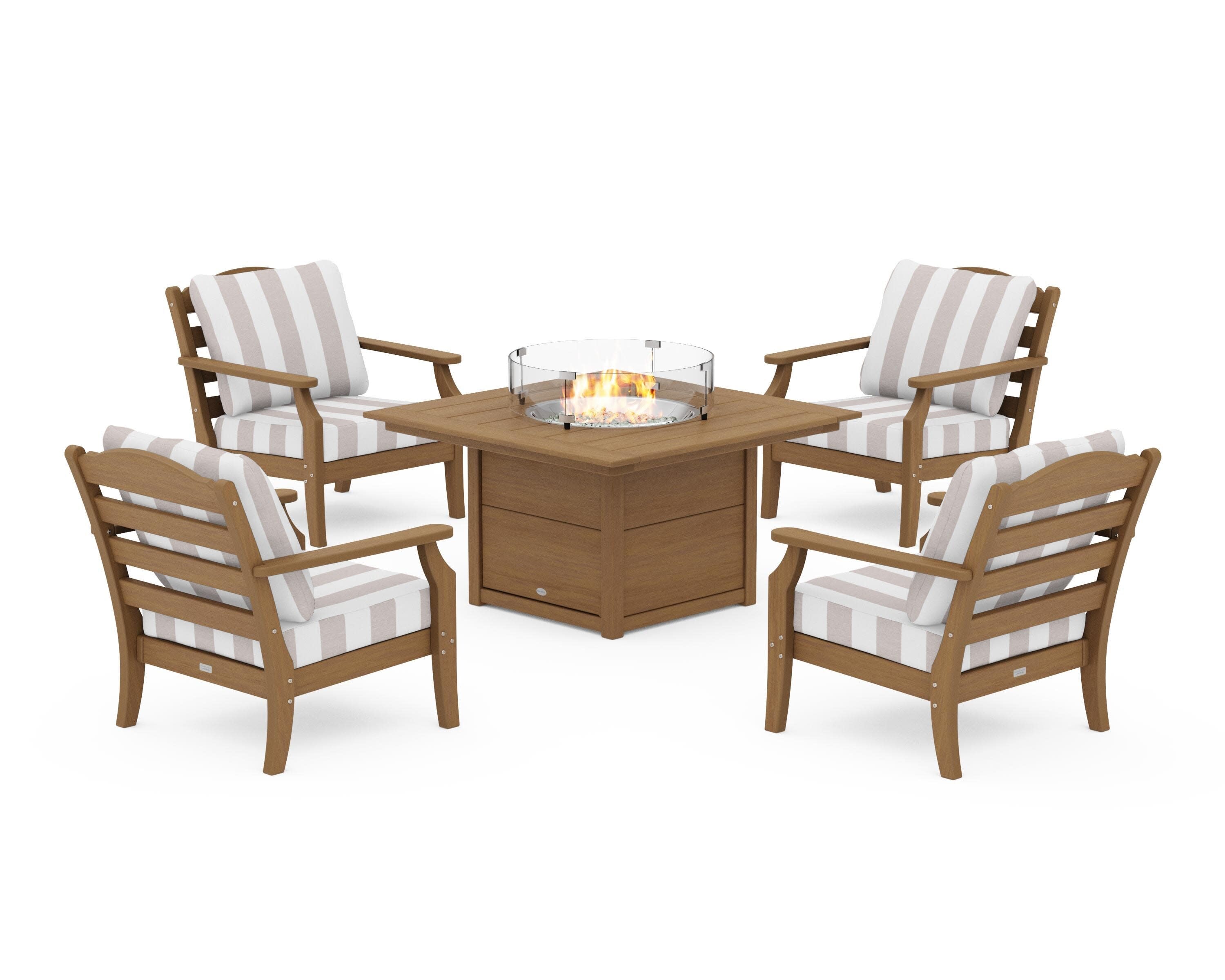 Savannah 5-Piece Deep Seating Set with Fire Pit Table in Natural / Cabana Stripe Dune Burlap