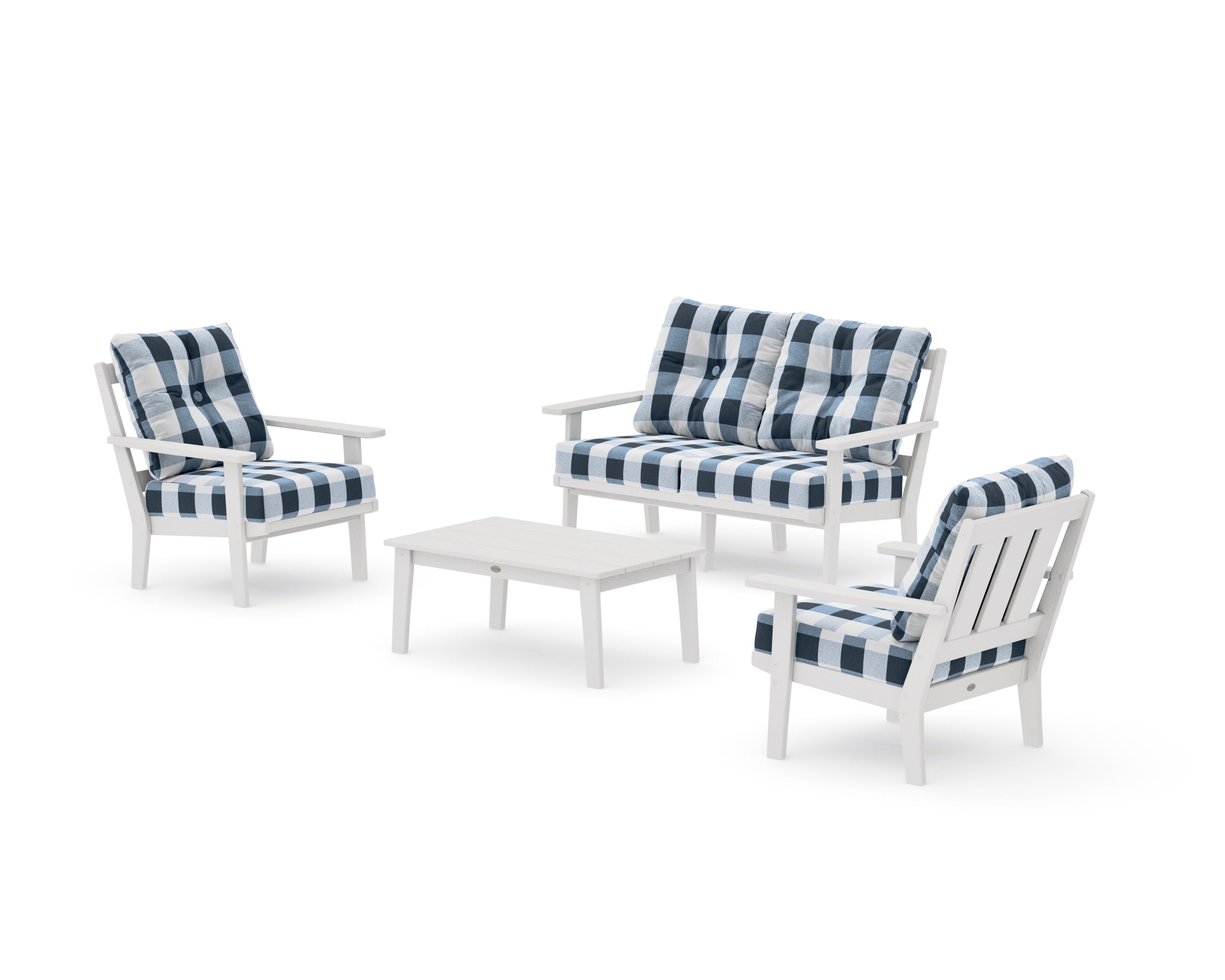 Oxford 4-Piece Deep Seating Set with Loveseat in Vintage White / Buffalo Plaid Marine Indigo