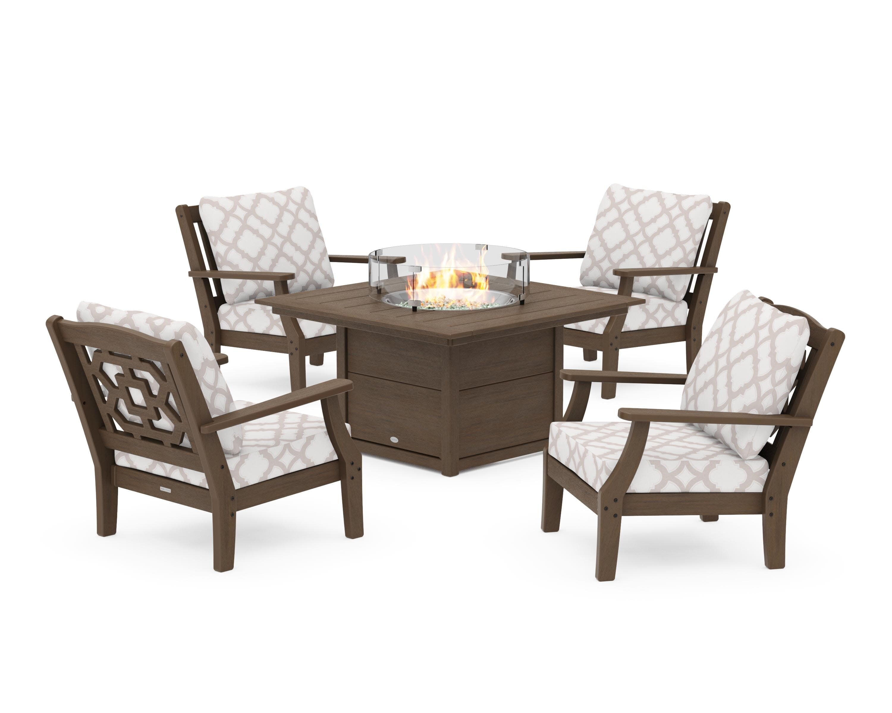 Chinoiserie 5-Piece Deep Seating Set with Fire Pit Table in Kona / Trellis Dune Burlap