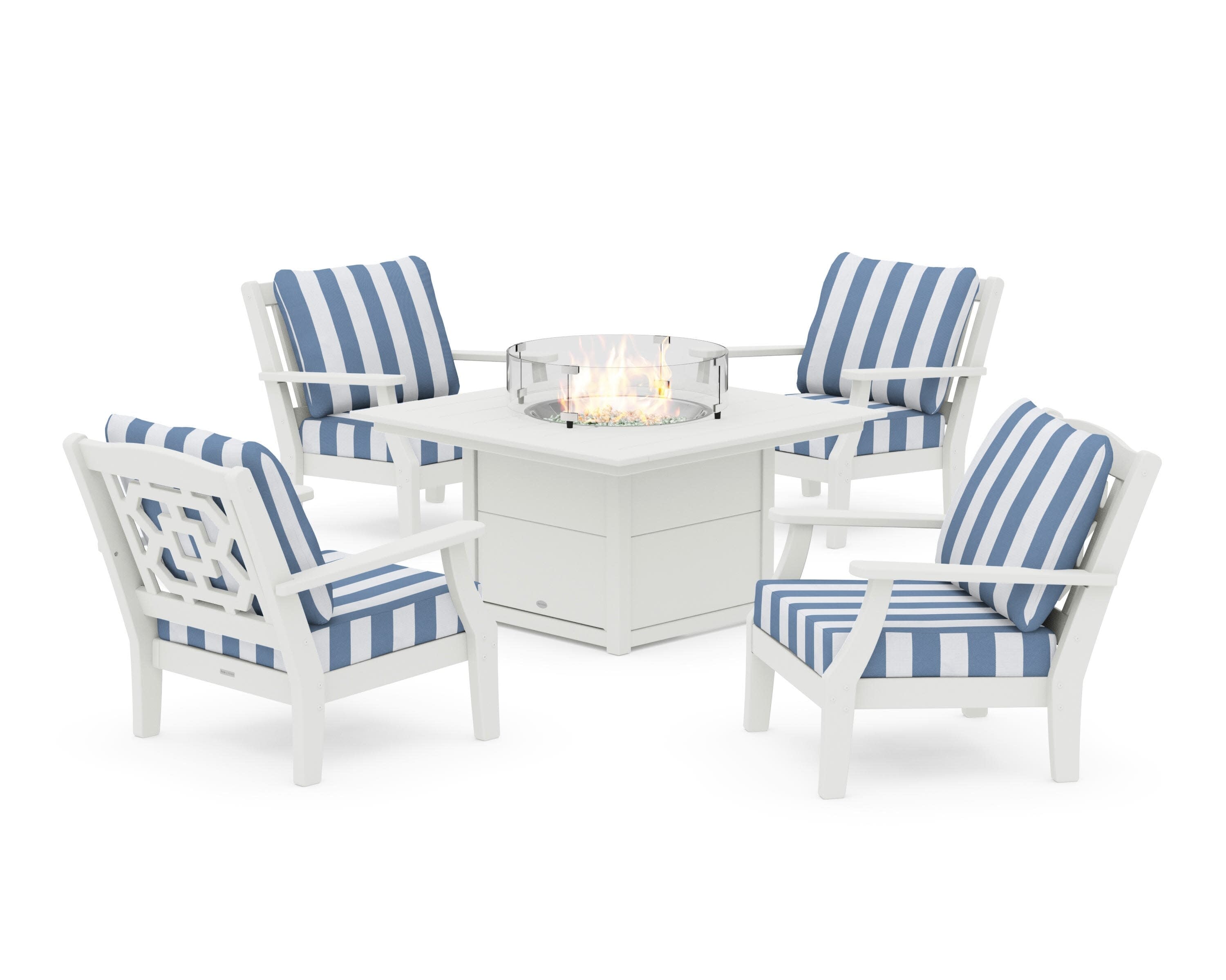 Chinoiserie 5-Piece Deep Seating Set with Fire Pit Table in Vintage White / Cabana Stripe Sky Blue