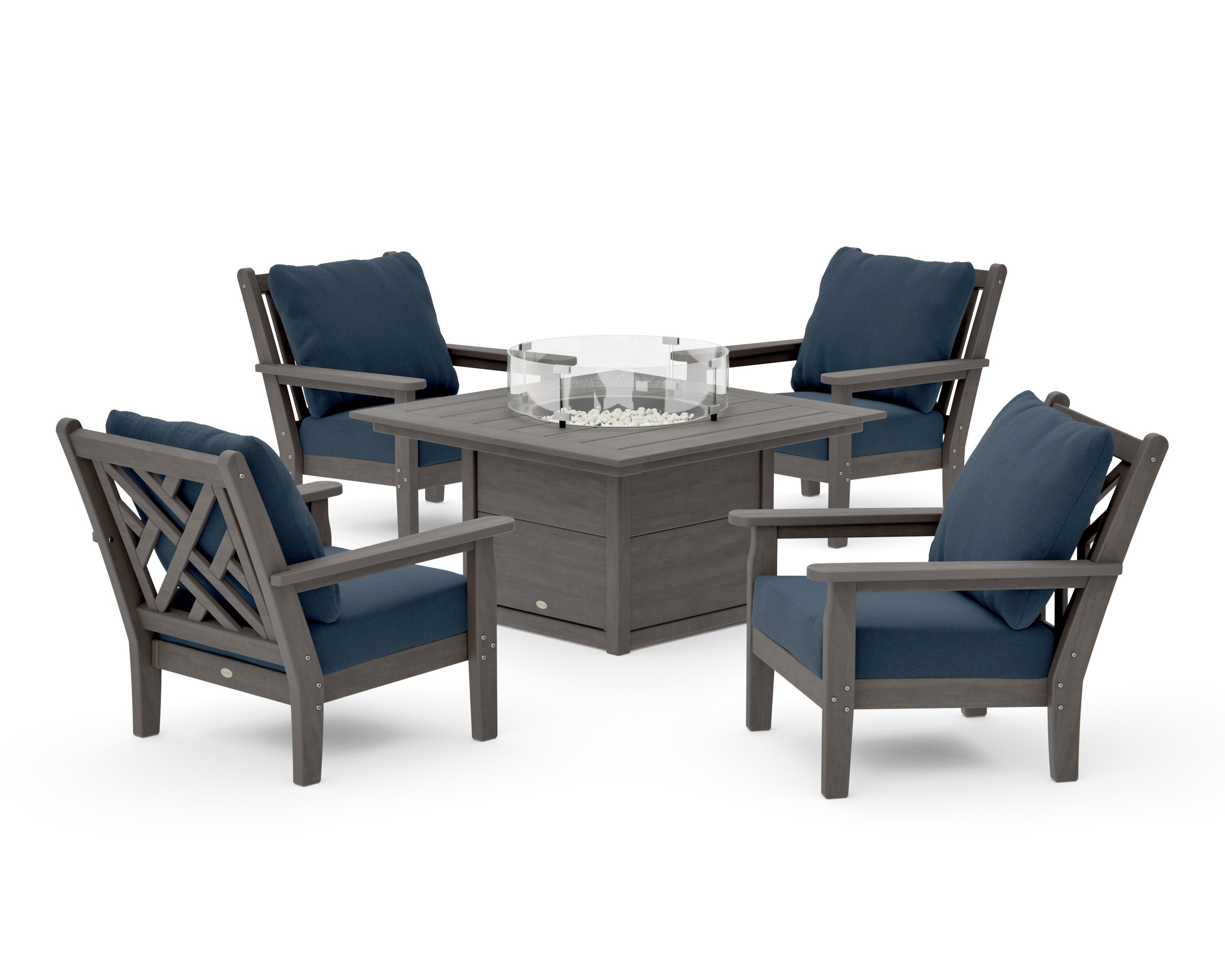 Chippendale 5-Piece Deep Seating Set with Fire Pit Table in Driftwood / Marine Indigo