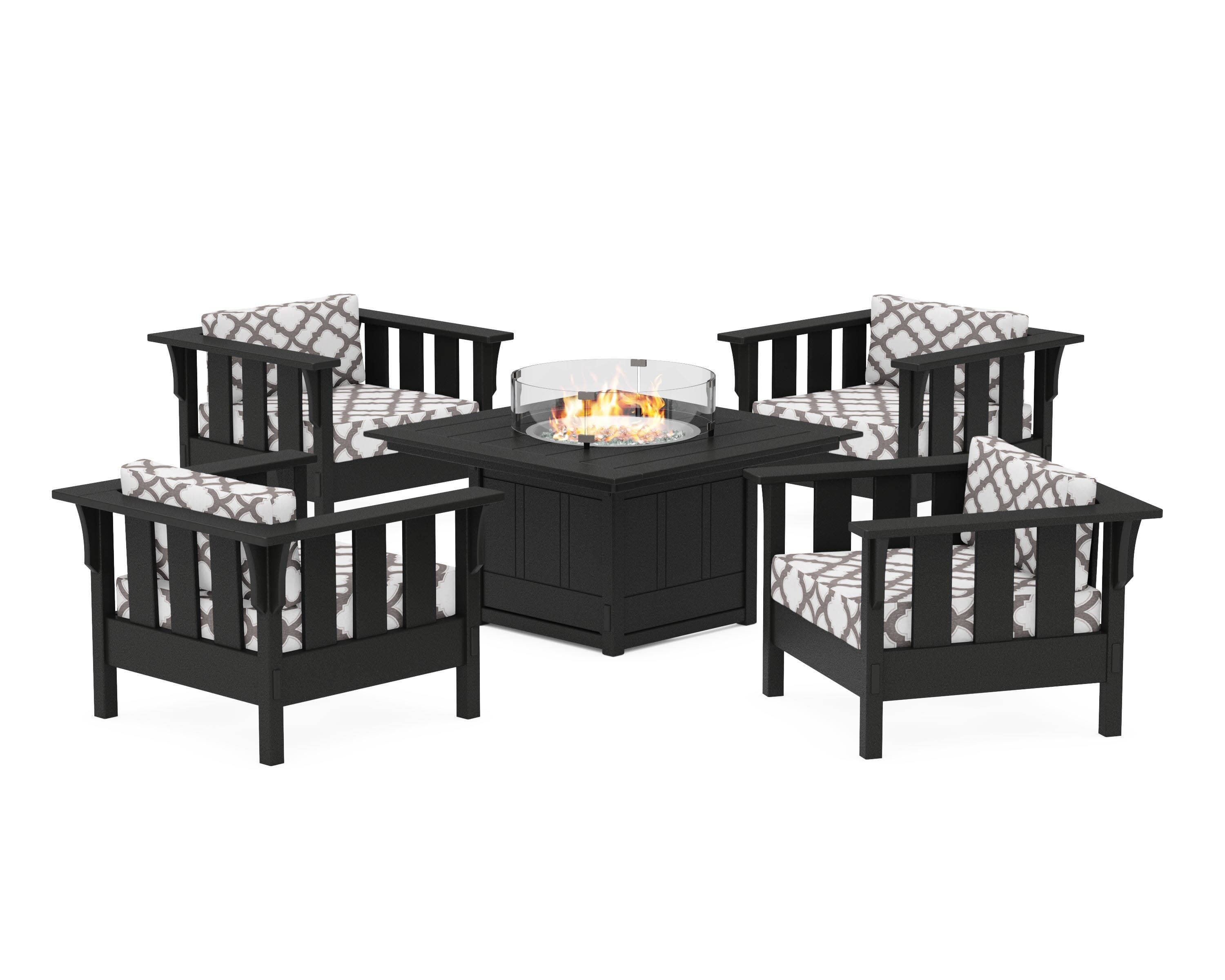 Acadia 5-Piece Deep Seating Set with Fire Pit Table in Black / Trellis Grey Mist