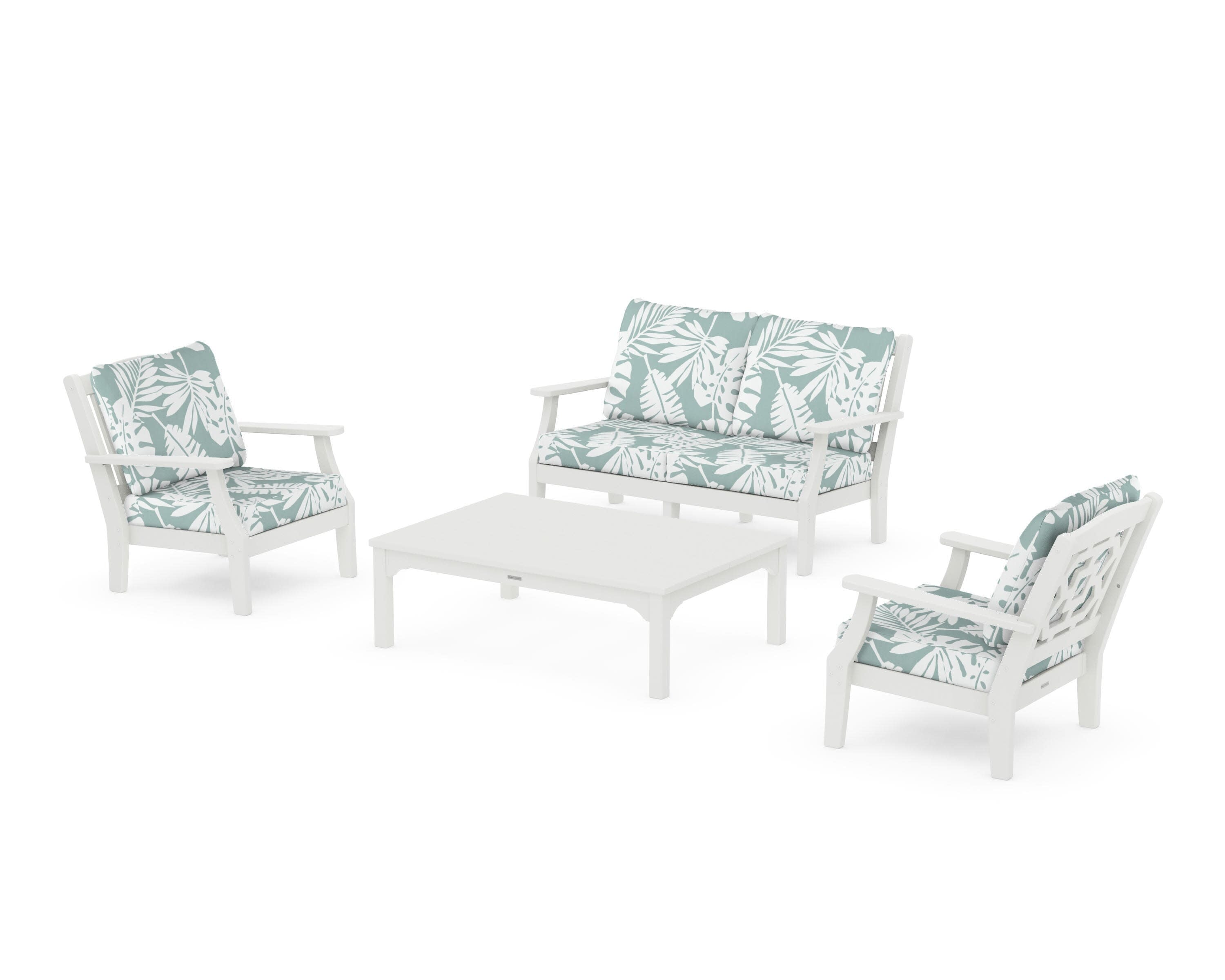 Chinoiserie 4-Piece Deep Seating Set with Loveseat in Vintage White / Leaf Glacier Spa