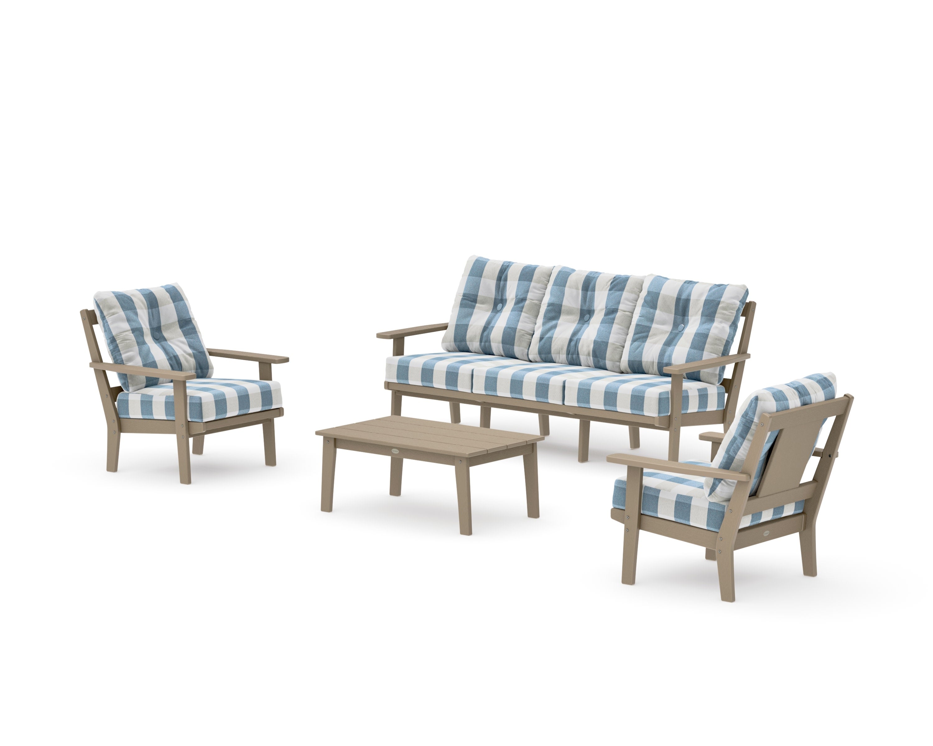 Prairie 4-Piece Deep Seating Set with Sofa in Vintage Sahara / Buffalo Plaid Sky Blue