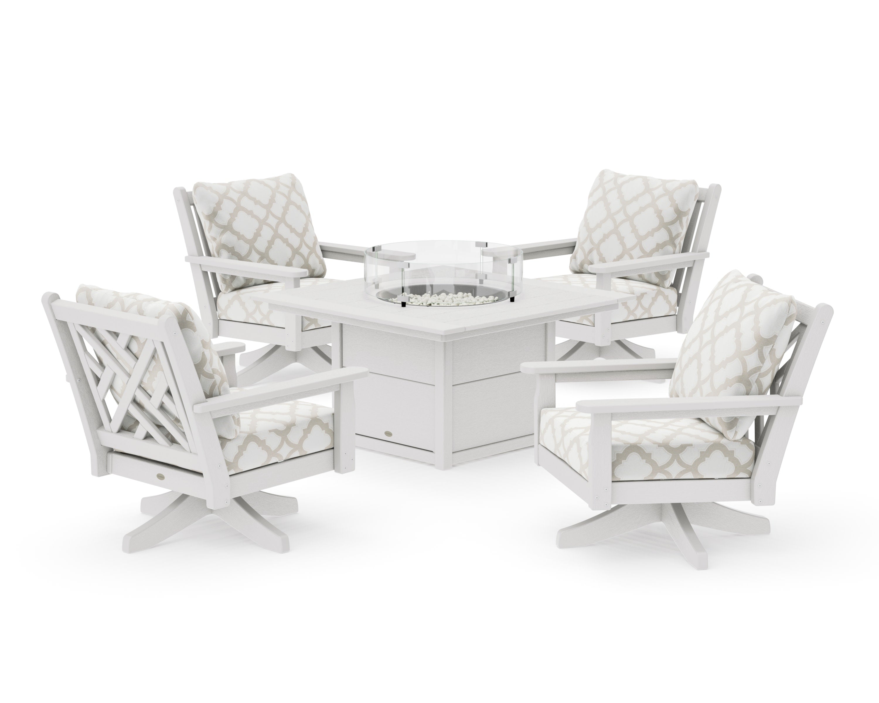 Chippendale 5-Piece Deep Seating Swivel Conversation Set with Fire Pit Table in Vintage White / Trellis Dune Burlap