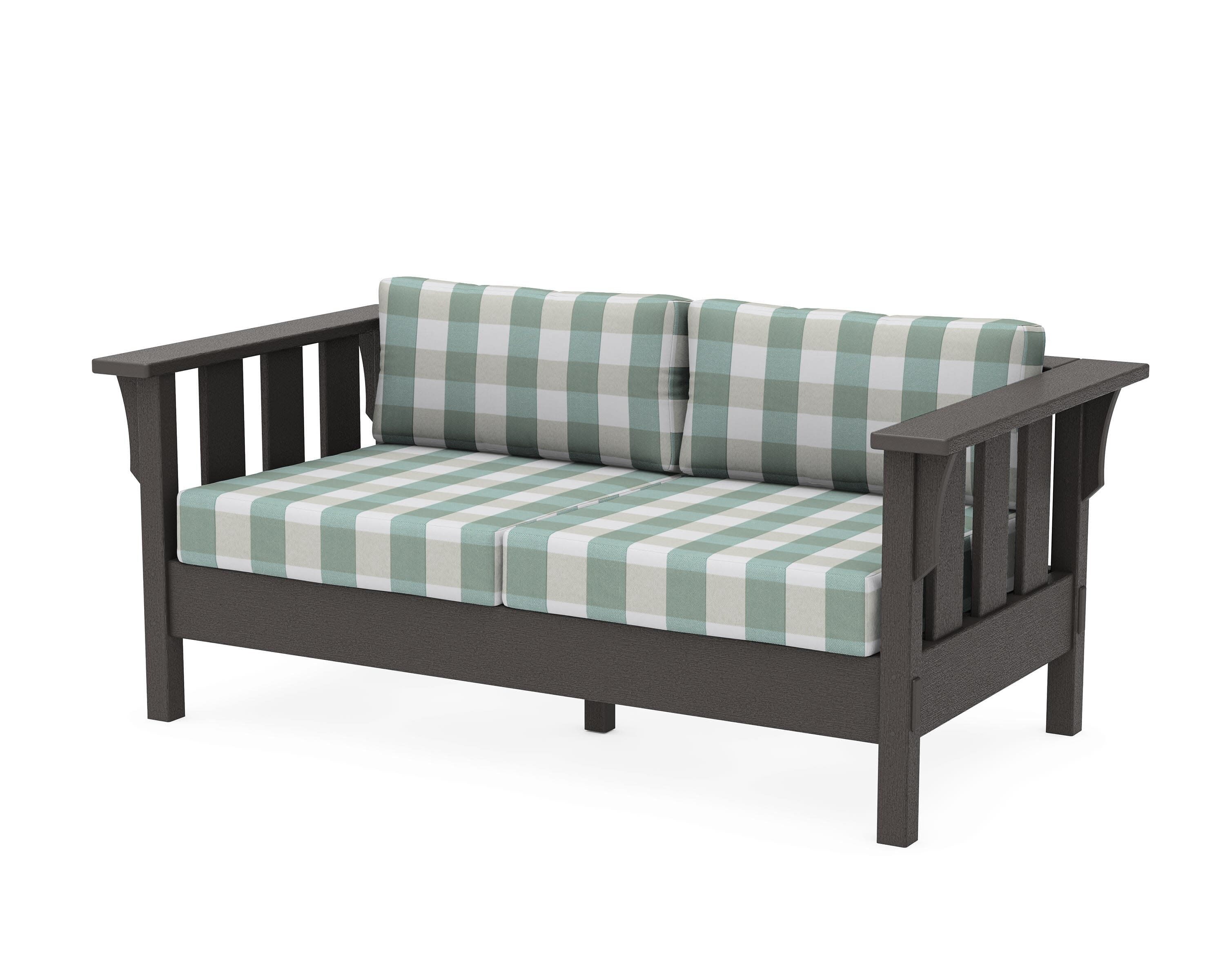 Acadia Deep Seating Loveseat in Vintage Coffee / Buffalo Plaid Glacier Spa
