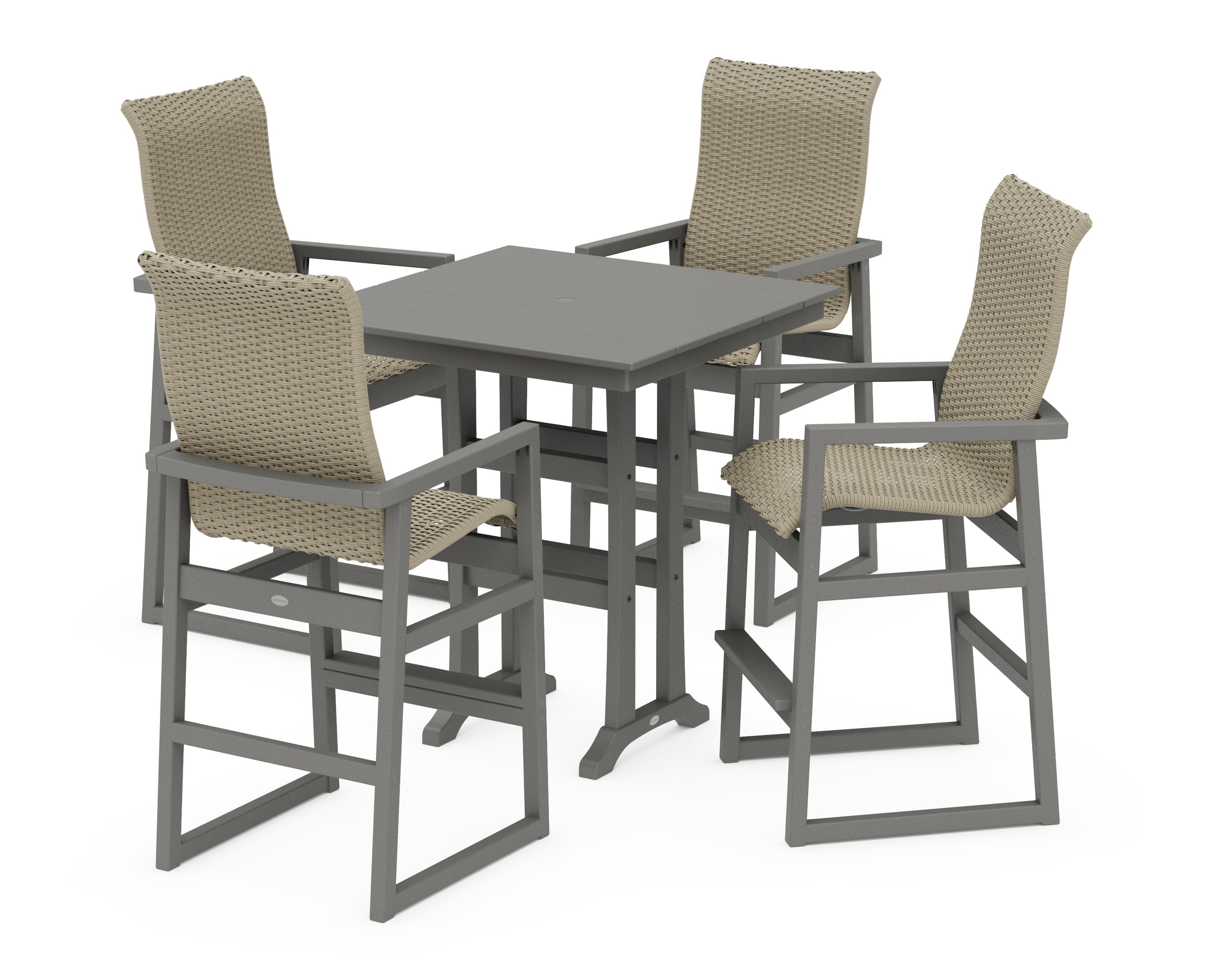 EDGE Woven Highback 5-Piece Farmhouse Bar Set with Trestle Legs in Slate Grey / Dune Grass