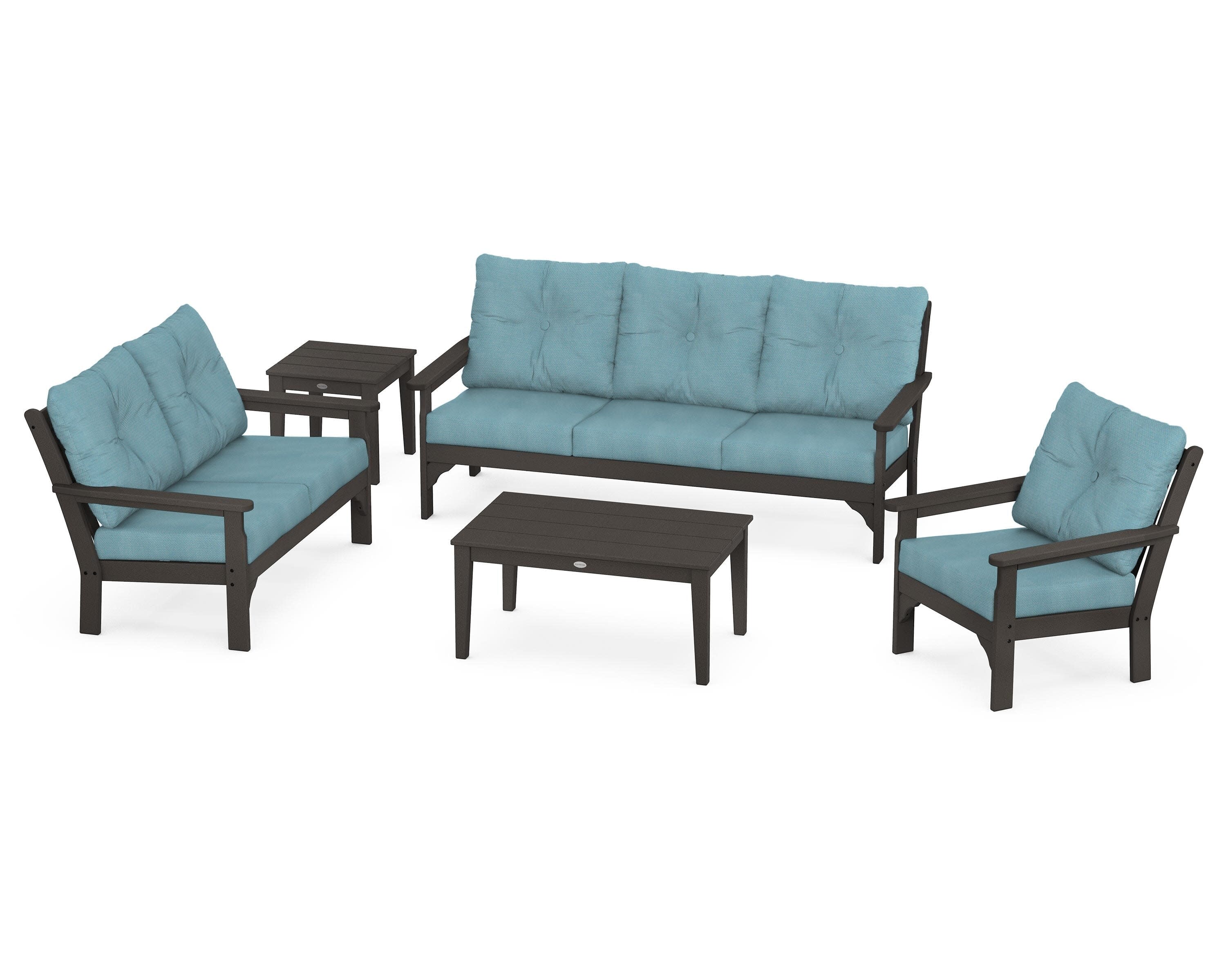 Vineyard 5 Piece Deep Seating Set in Vintage Coffee / Lattice Sky Blue