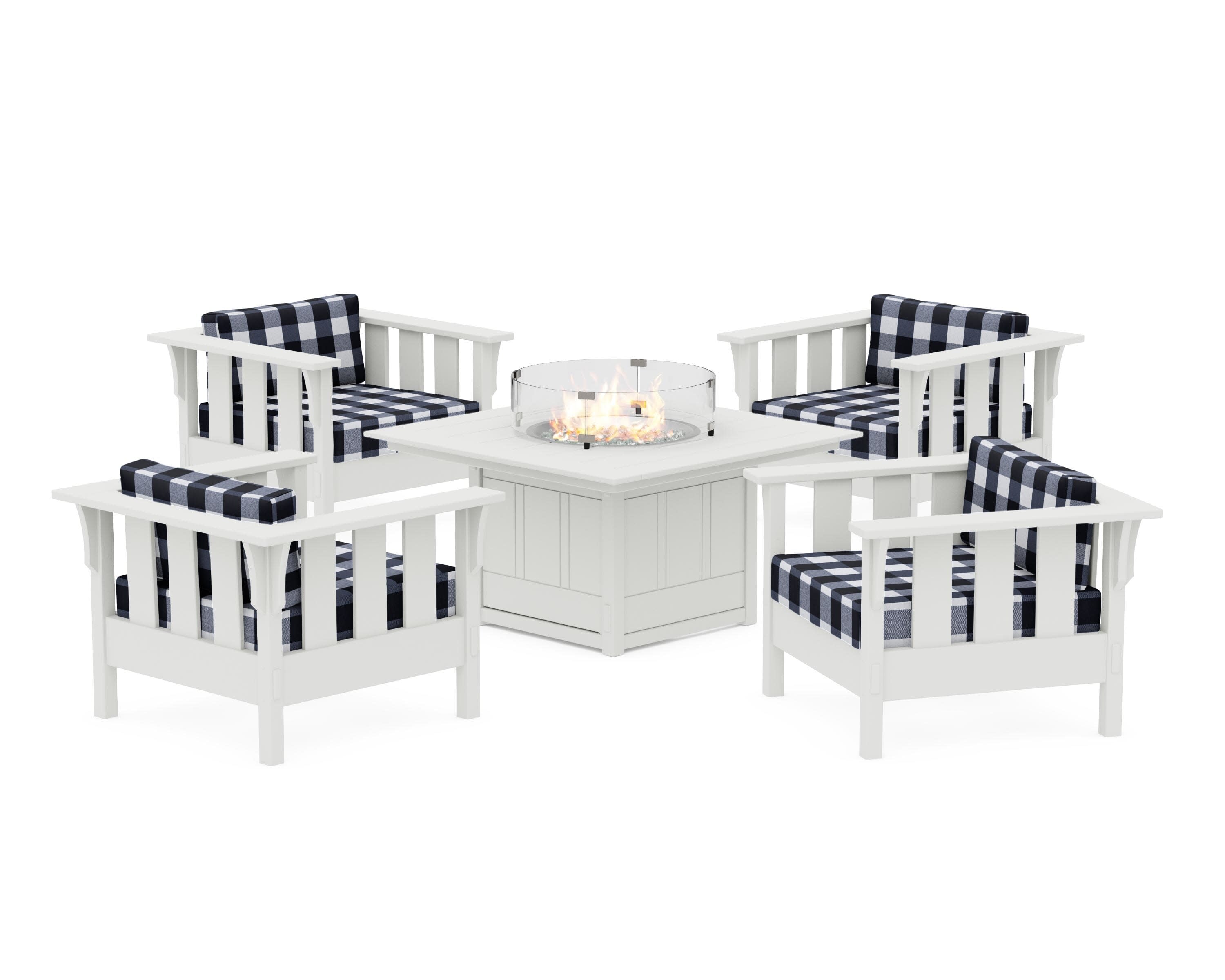 Acadia 5-Piece Deep Seating Set with Fire Pit Table in Vintage White / Buffalo Plaid Marine Indigo