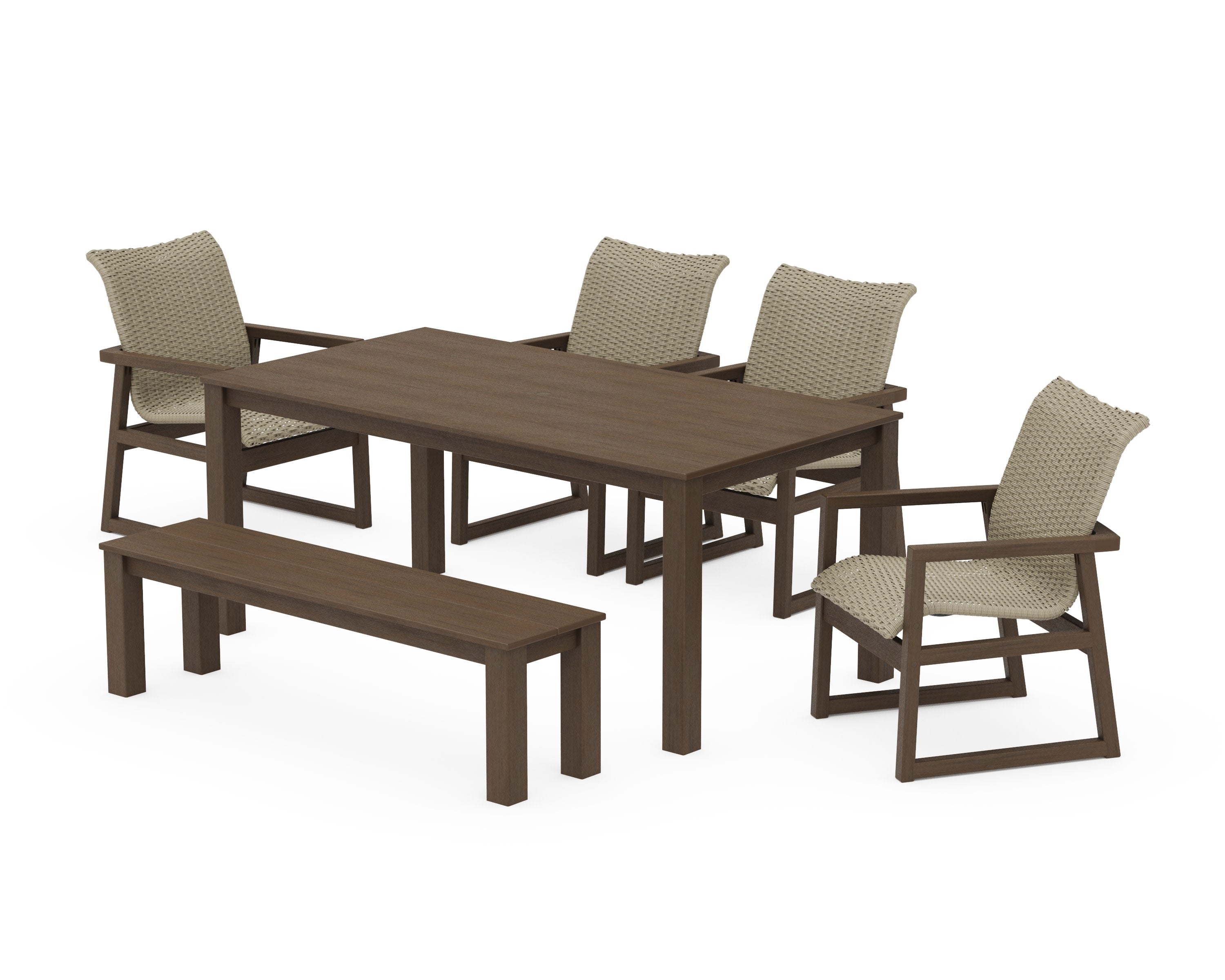 EDGE Woven 6-Piece Parsons Dining Set with Bench in Kona / Dune Grass