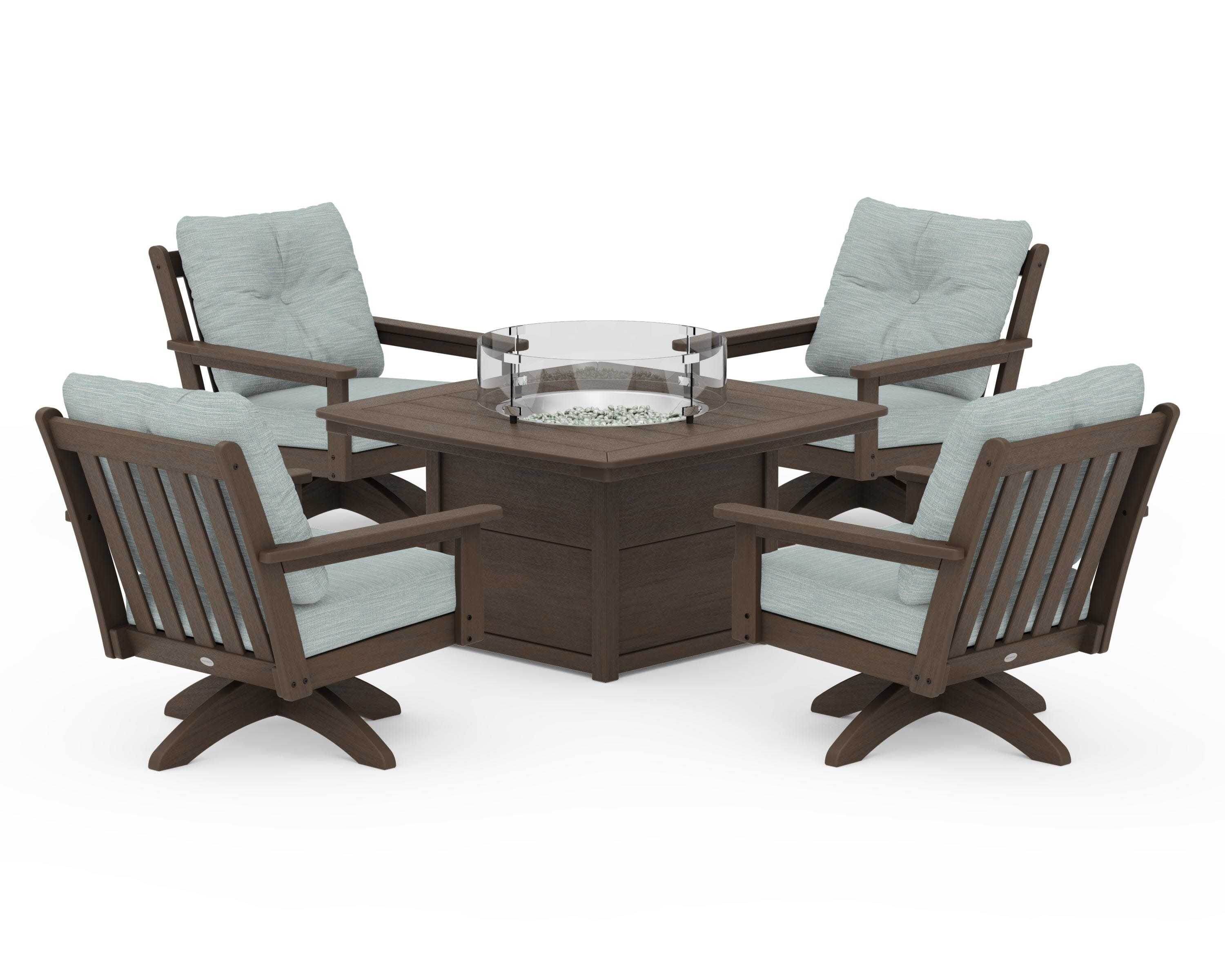 Vineyard 5-Piece Deep Seating Swivel Conversation Set with Fire Pit Table in Kona / Soothe Mist