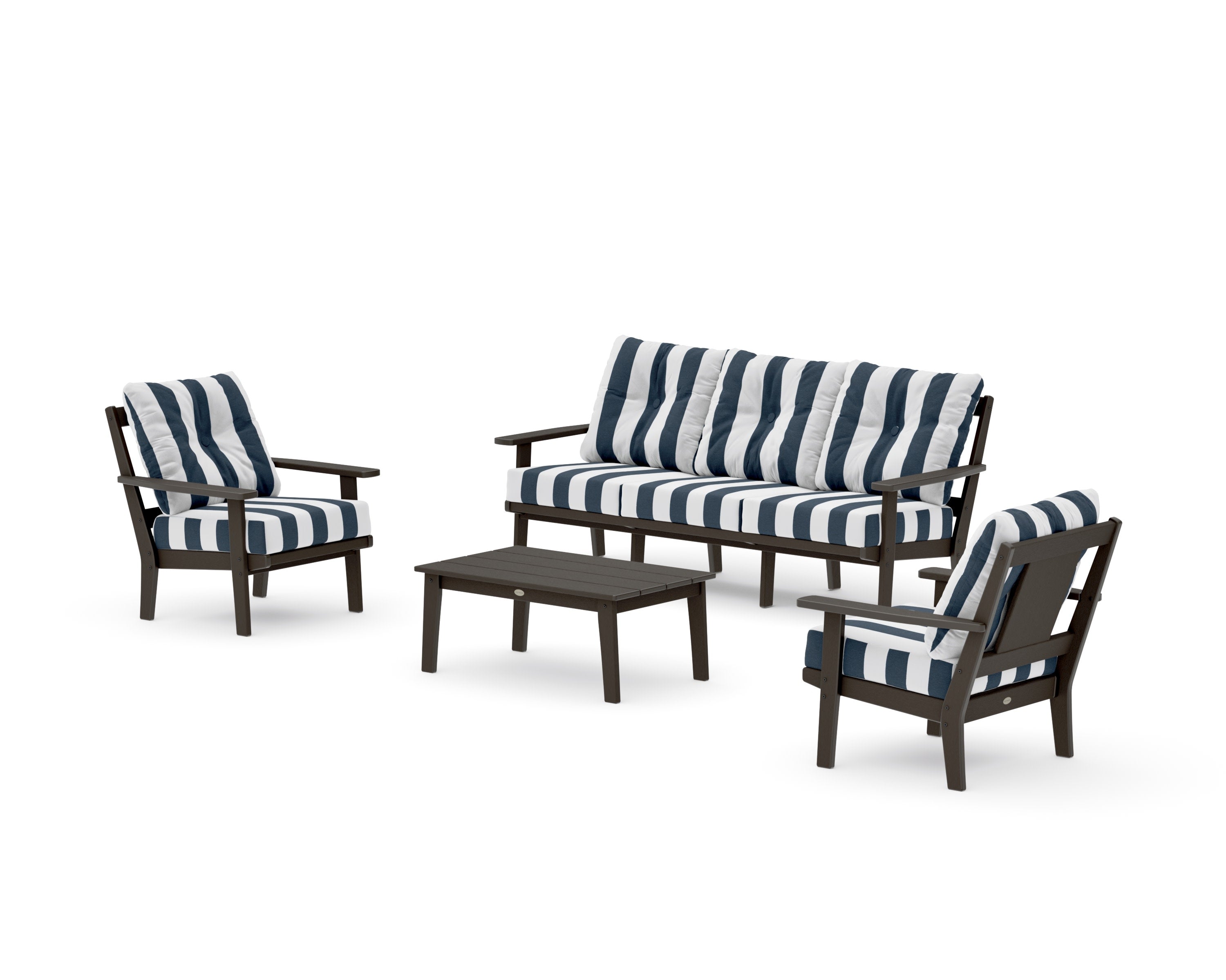 Prairie 4-Piece Deep Seating Set with Sofa in Vintage Coffee / Cabana Stripe Marine Indigo