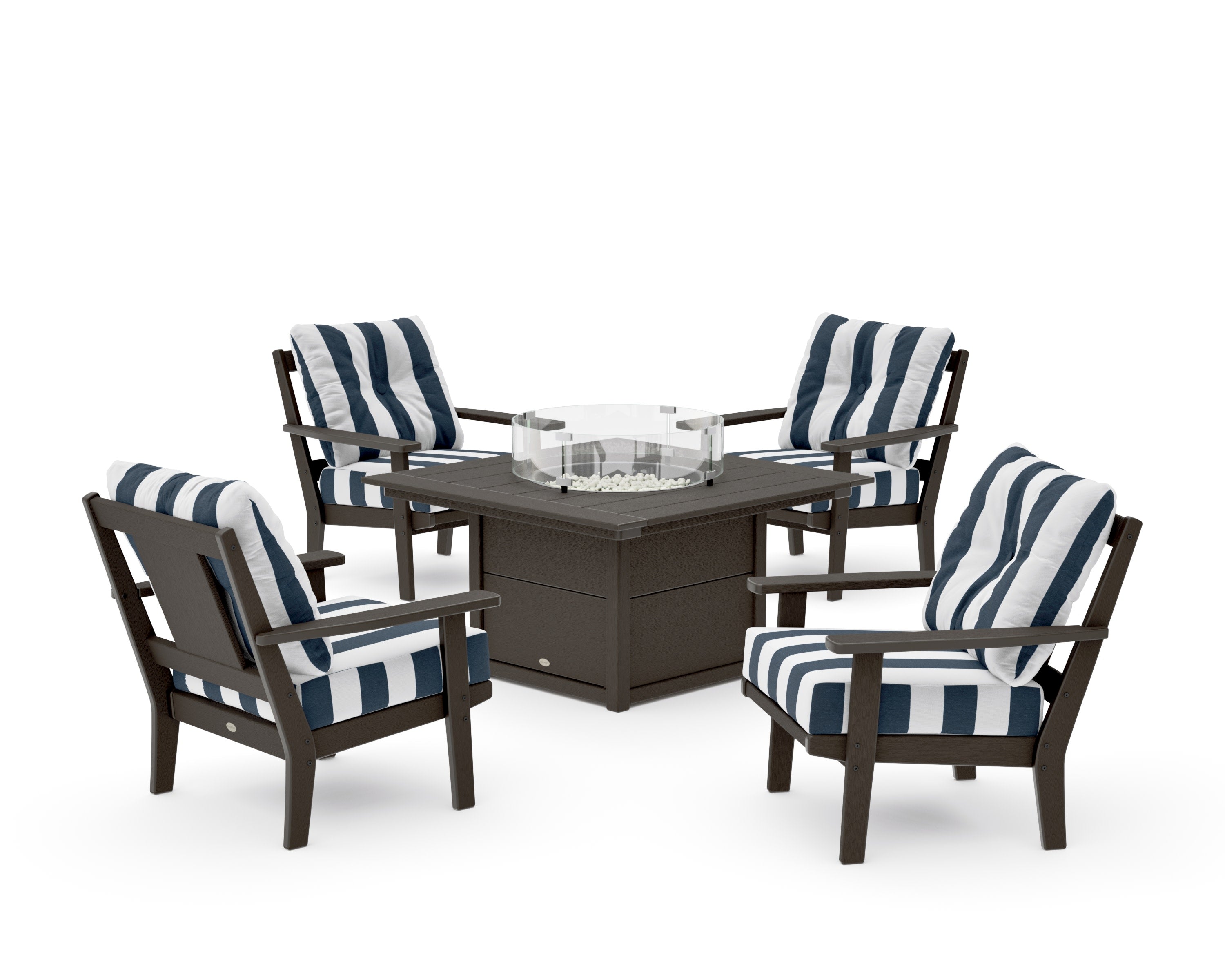 Prairie 5-Piece Deep Seating Set with Fire Pit Table in Vintage Coffee / Cabana Stripe Marine Indigo