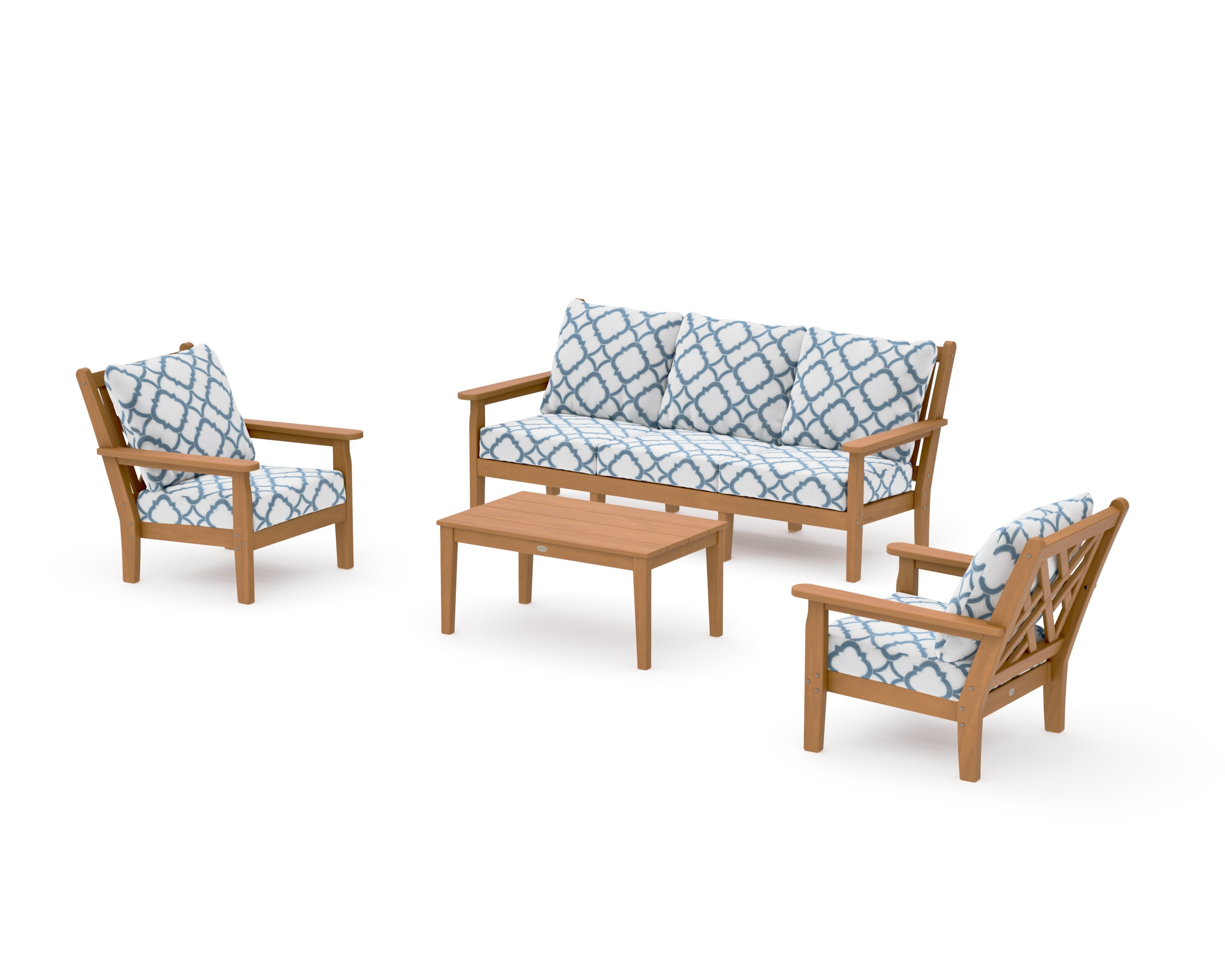 Chippendale 4-Piece Deep Seating Set with Sofa in Natural / Trellis Sky Blue