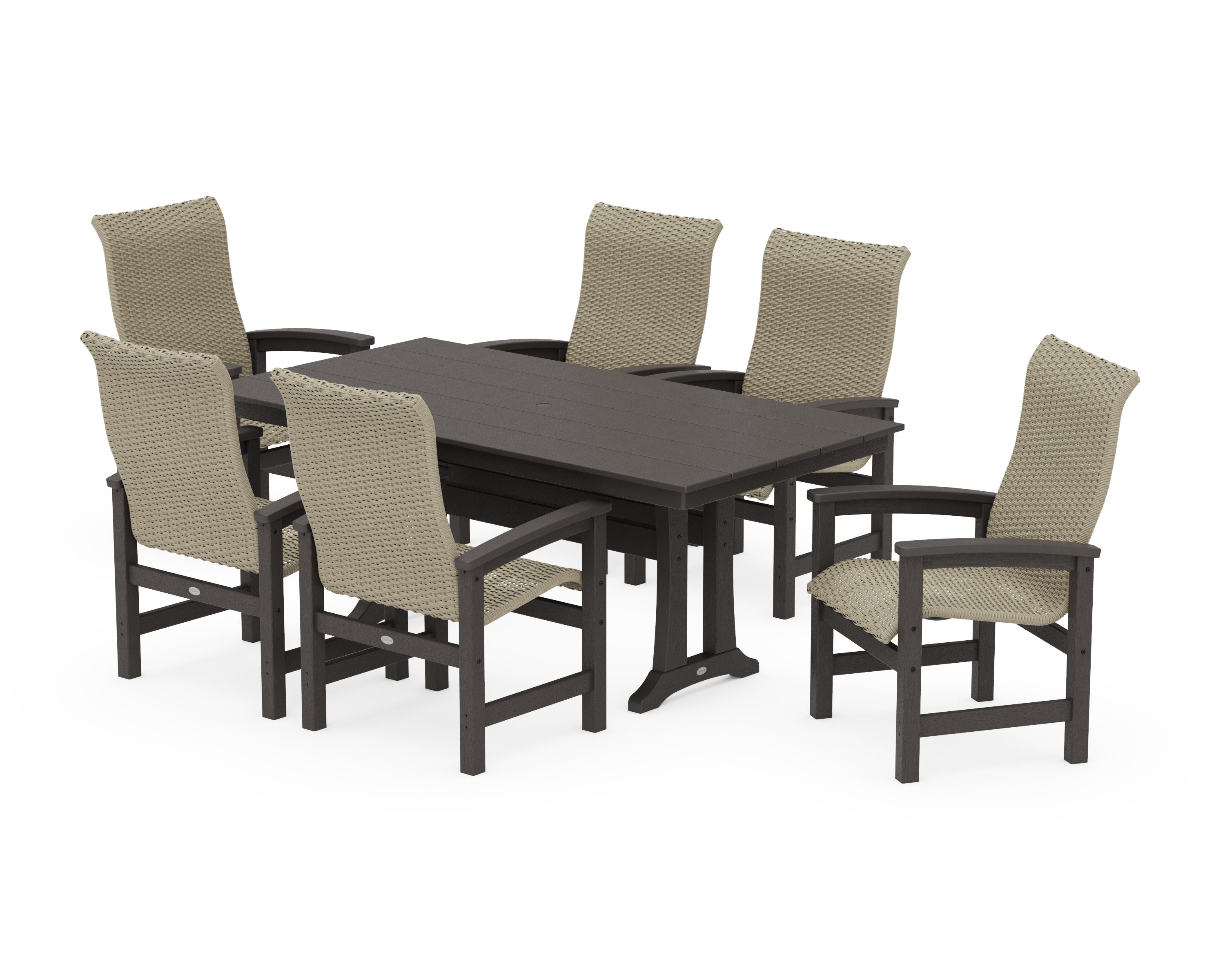 Coastal Woven High-Back Arm Chair 7-Piece Farmhouse Dining Set with Trestle Legs in Vintage Coffee / Dune Grass