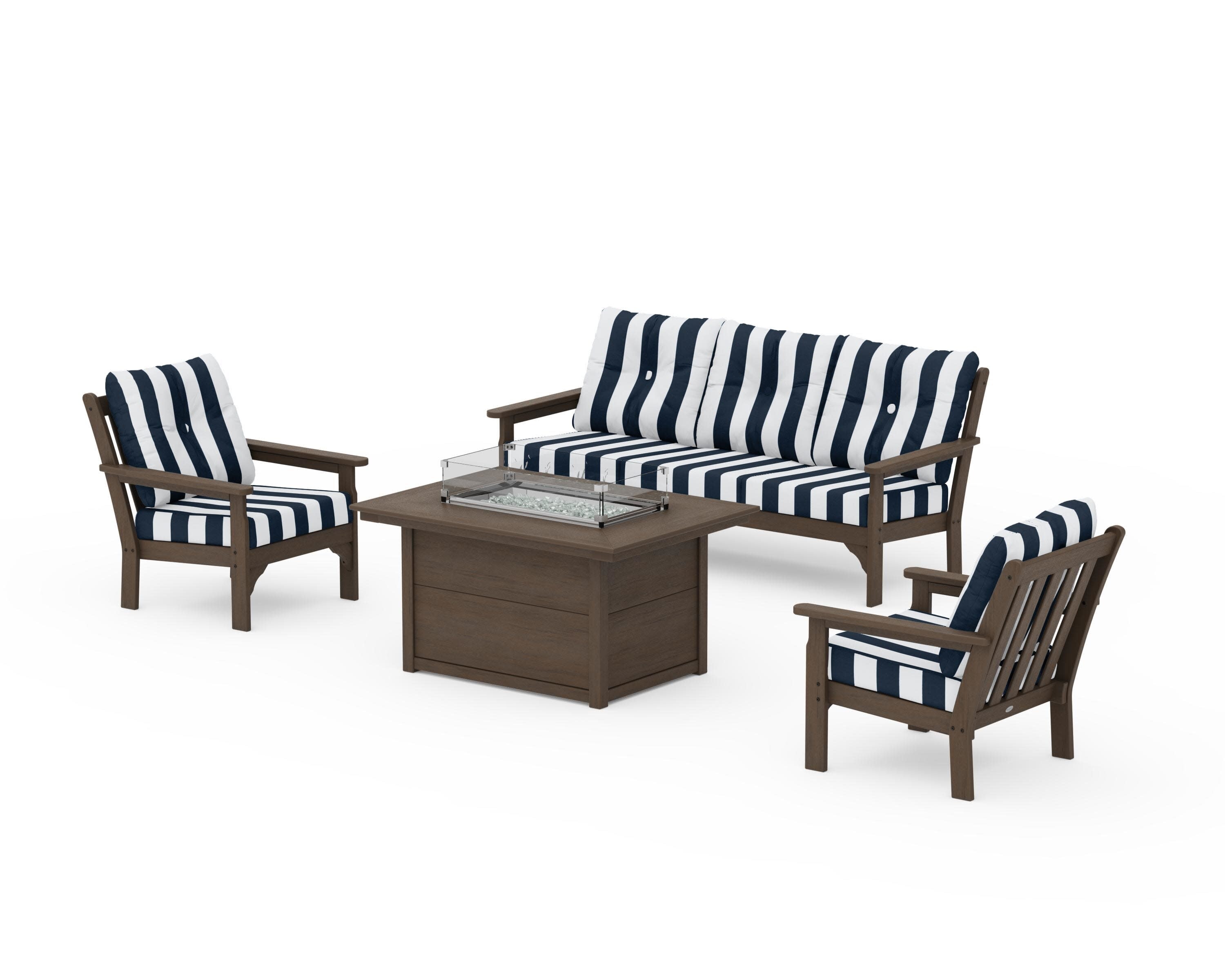 Vineyard Deep Seating Fire Pit Table Set in Kona / Cabana Stripe Marine Indigo