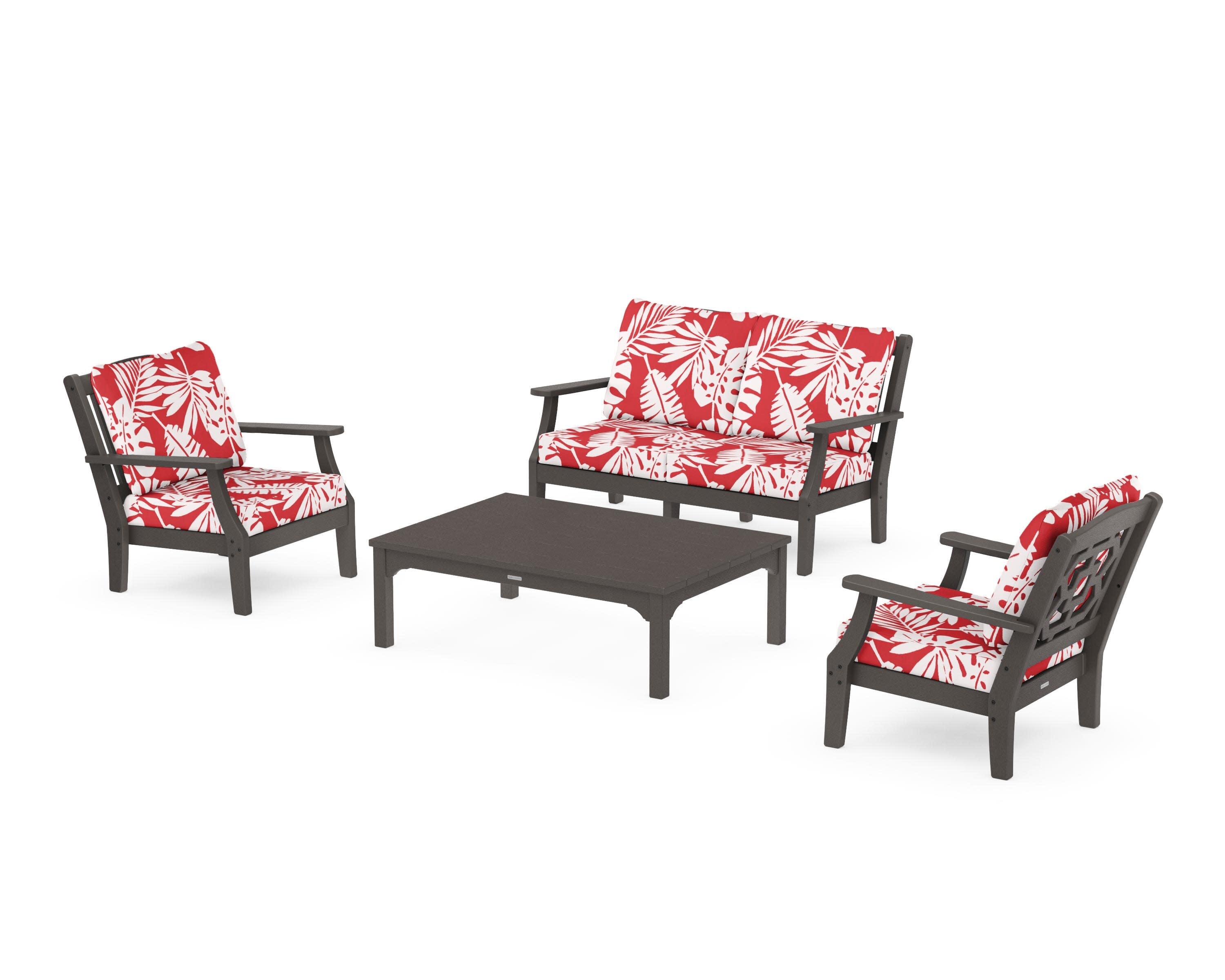Chinoiserie 4-Piece Deep Seating Set with Loveseat in Vintage Coffee / Leaf Crimson