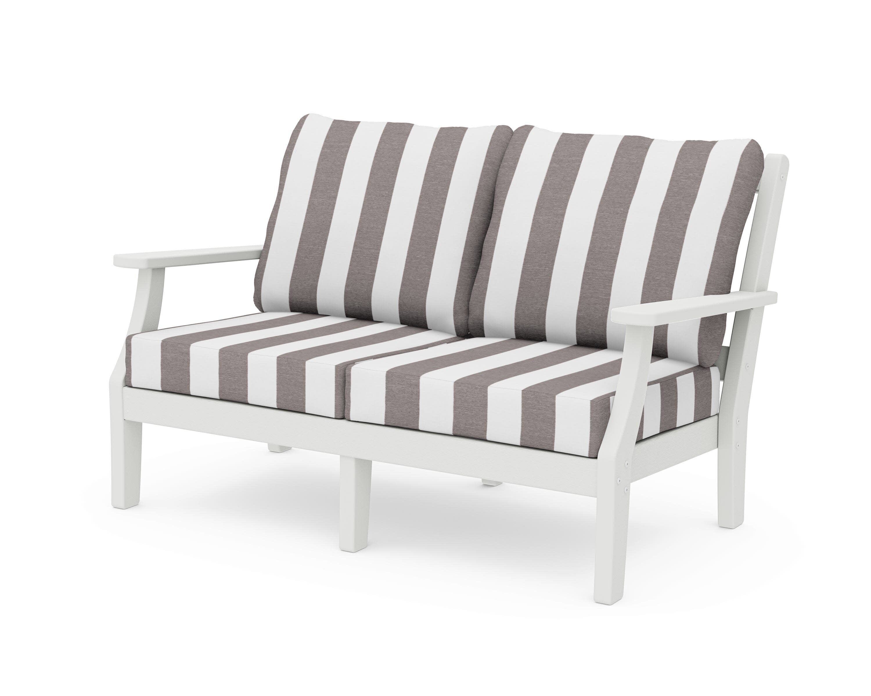Chinoiserie Deep Seating Loveseat in Vintage White / Cabana Stripe Grey Mist