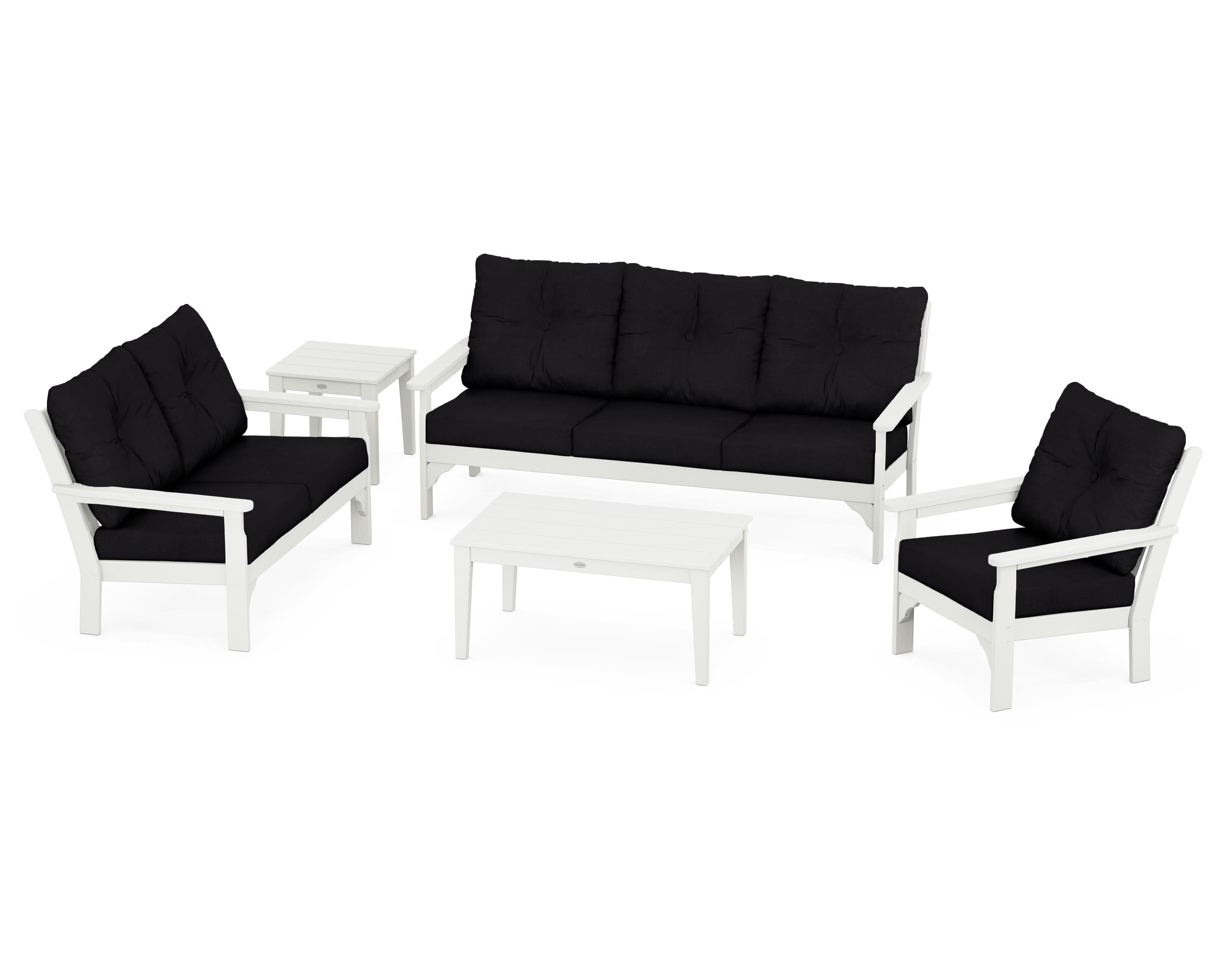 Vineyard 5 Piece Deep Seating Set in Vintage White / Midnight Linen