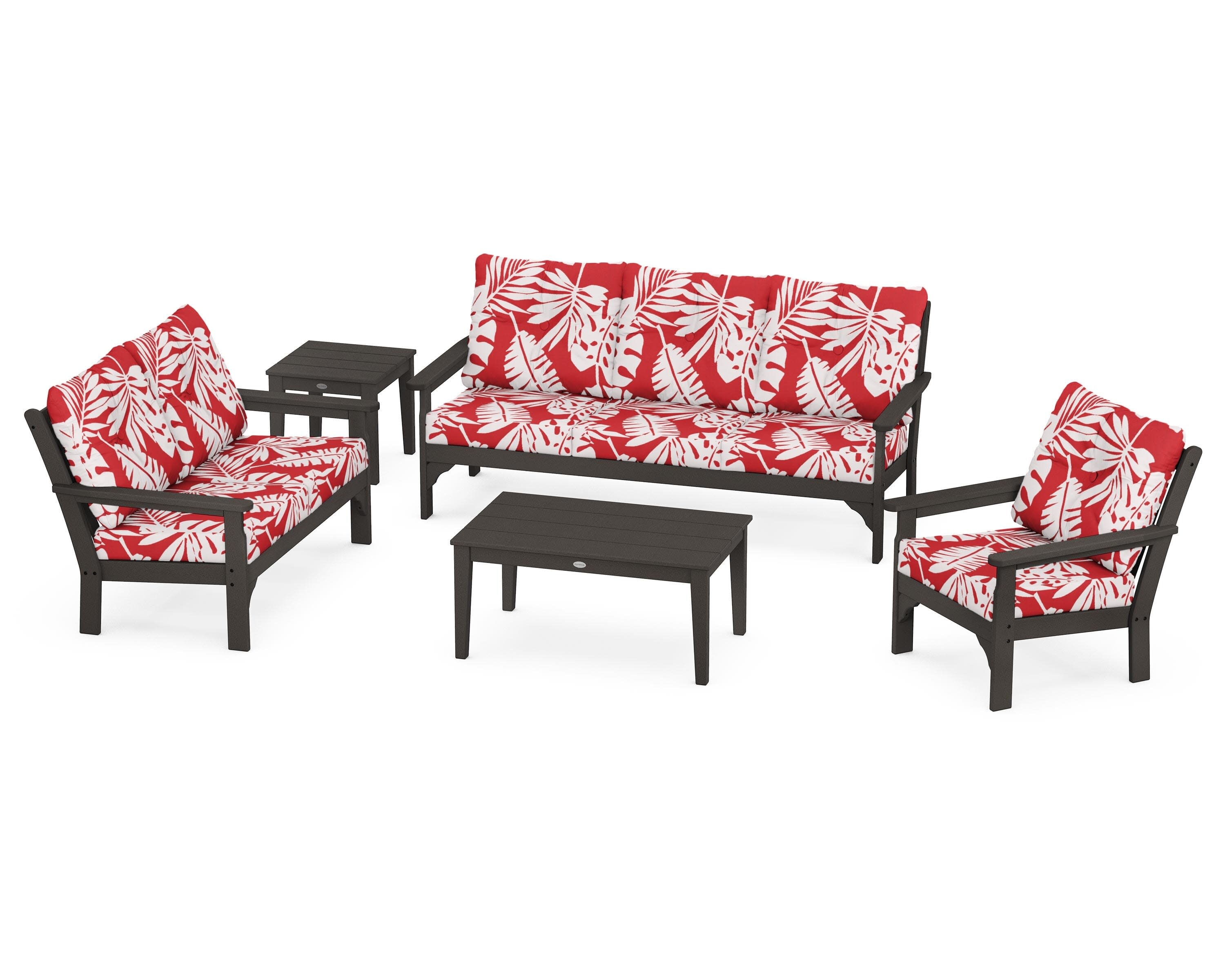 Vineyard 5 Piece Deep Seating Set in Vintage Coffee / Leaf Crimson