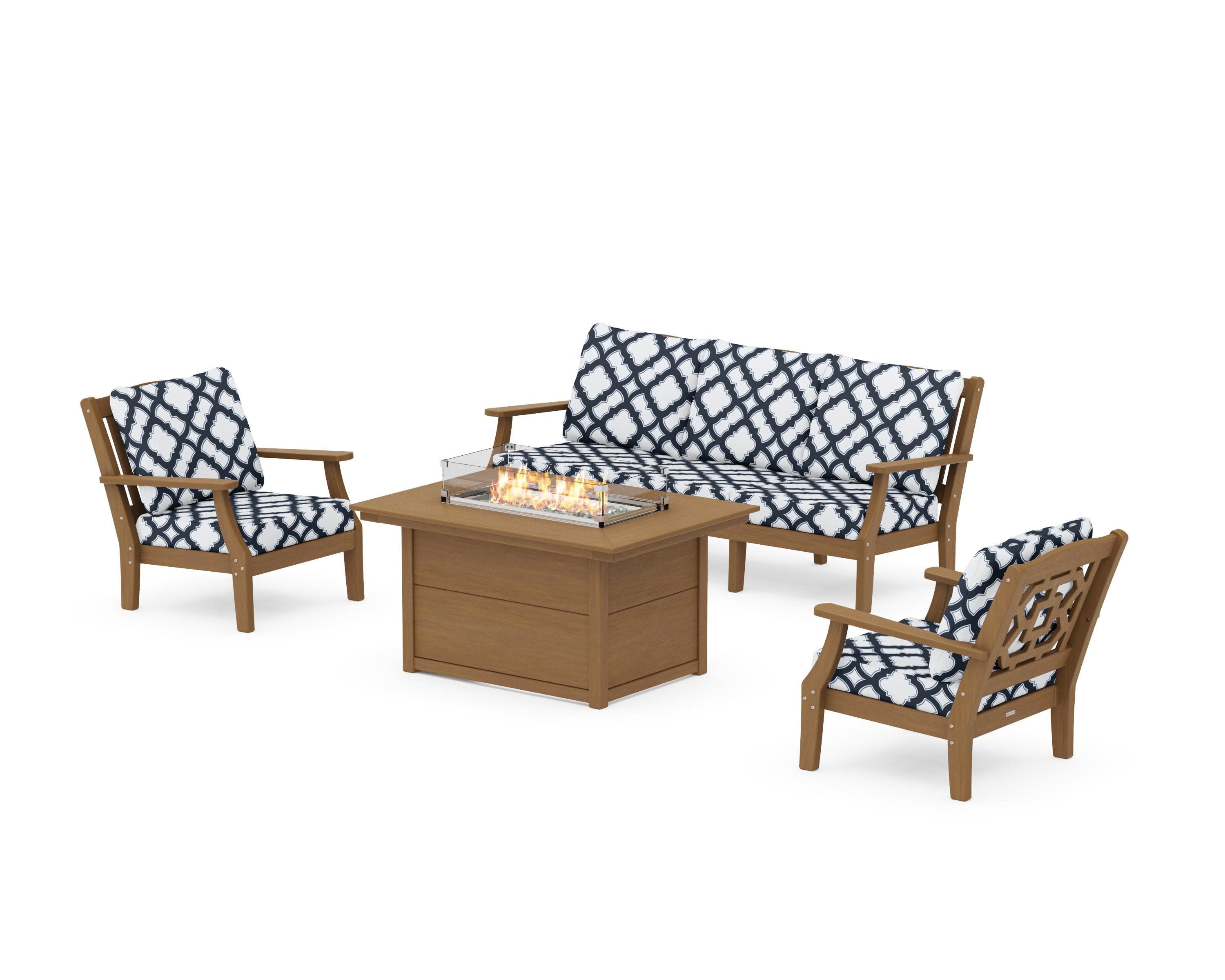 Chinoiserie Deep Seating Fire Pit Table Set in Natural / Trellis Marine Indigo