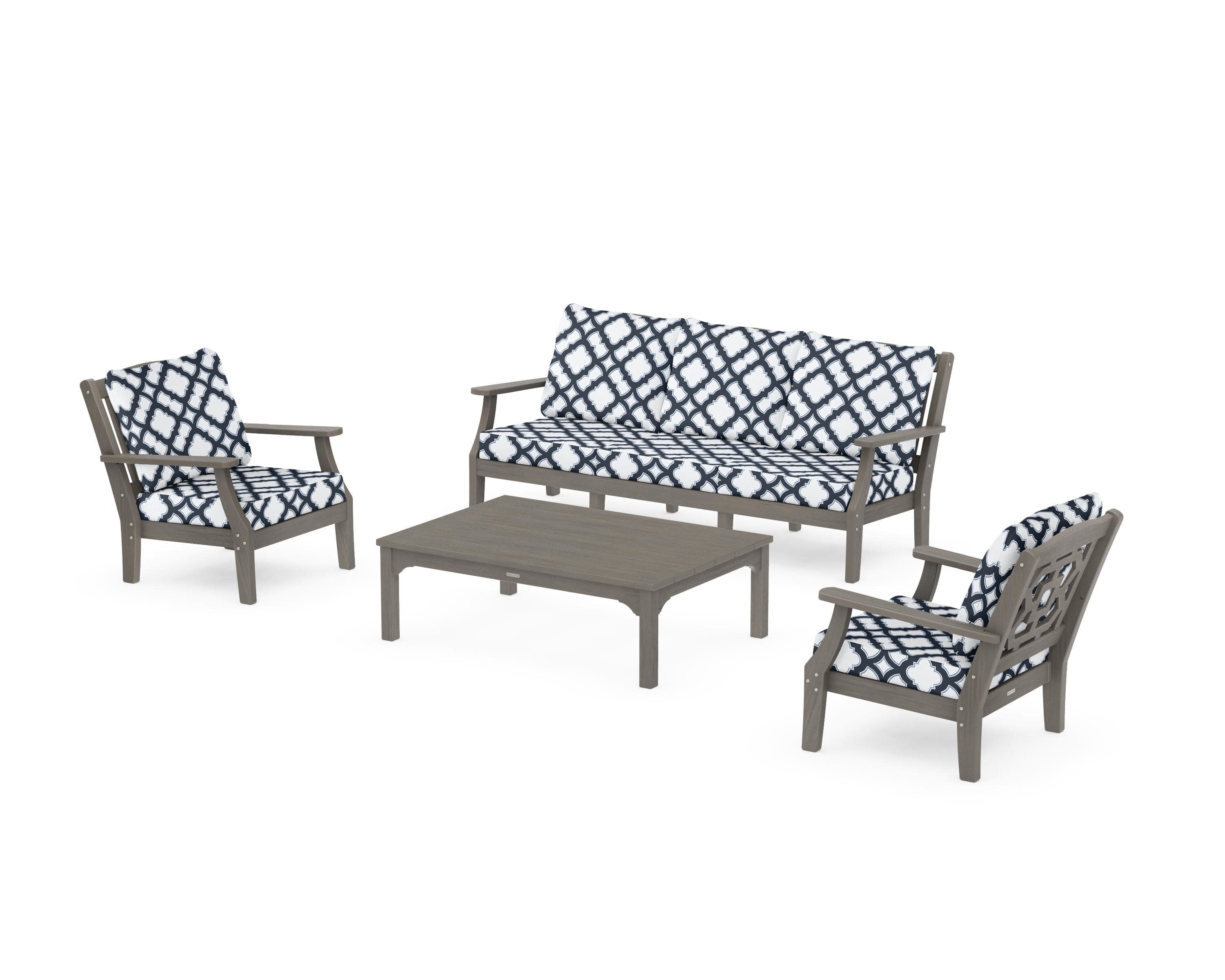 Chinoiserie 4-Piece Deep Seating Set with Sofa in Driftwood / Trellis Marine Indigo