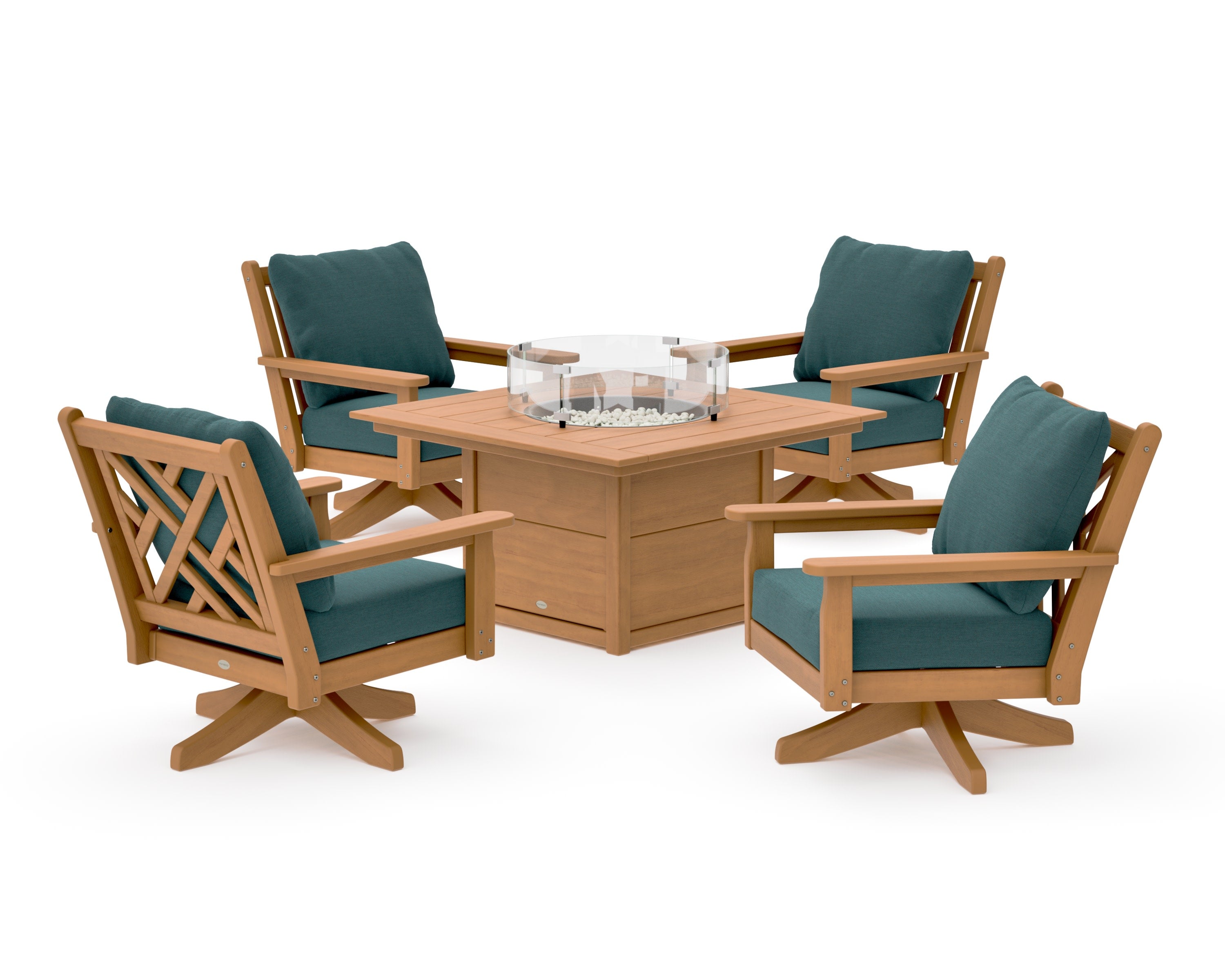Chippendale 5-Piece Deep Seating Swivel Conversation Set with Fire Pit Table in Natural / Ocean Teal