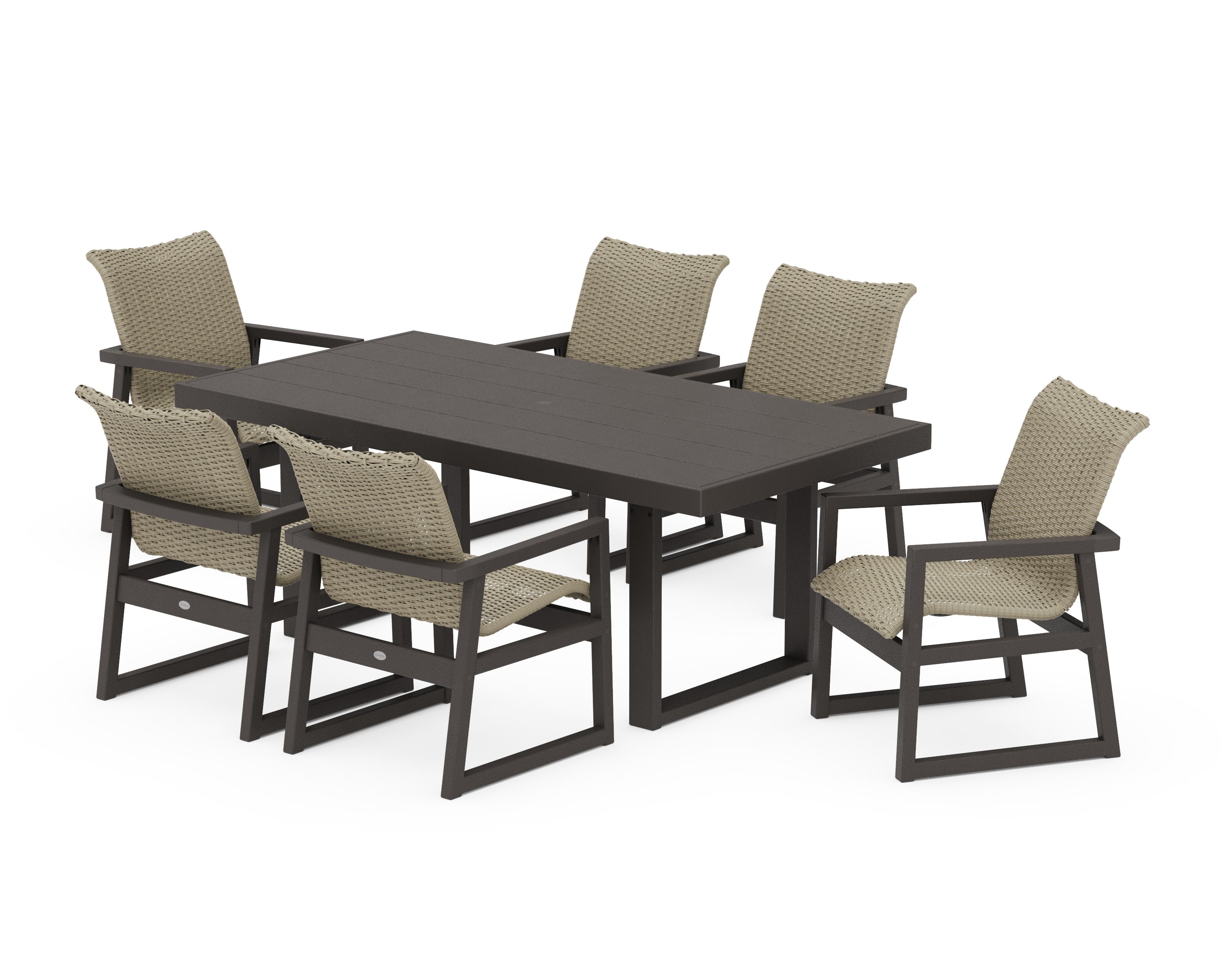 EDGE Woven Arm Chair 7-Piece Dining Set in Vintage Coffee / Dune Grass