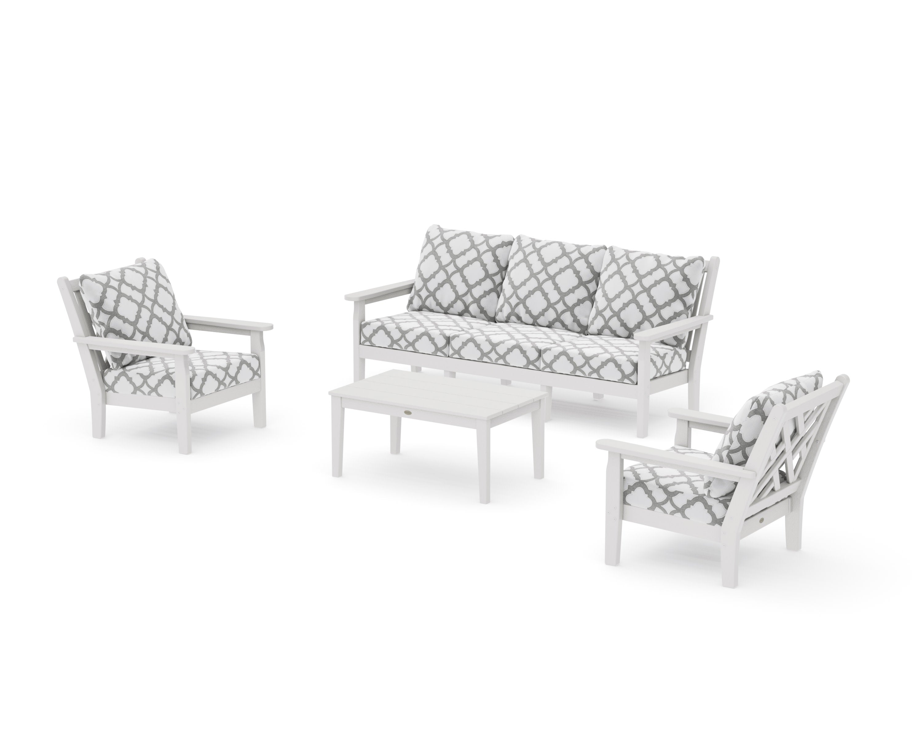 Chippendale 4-Piece Deep Seating Set with Sofa in Vintage White / Trellis Grey Mist