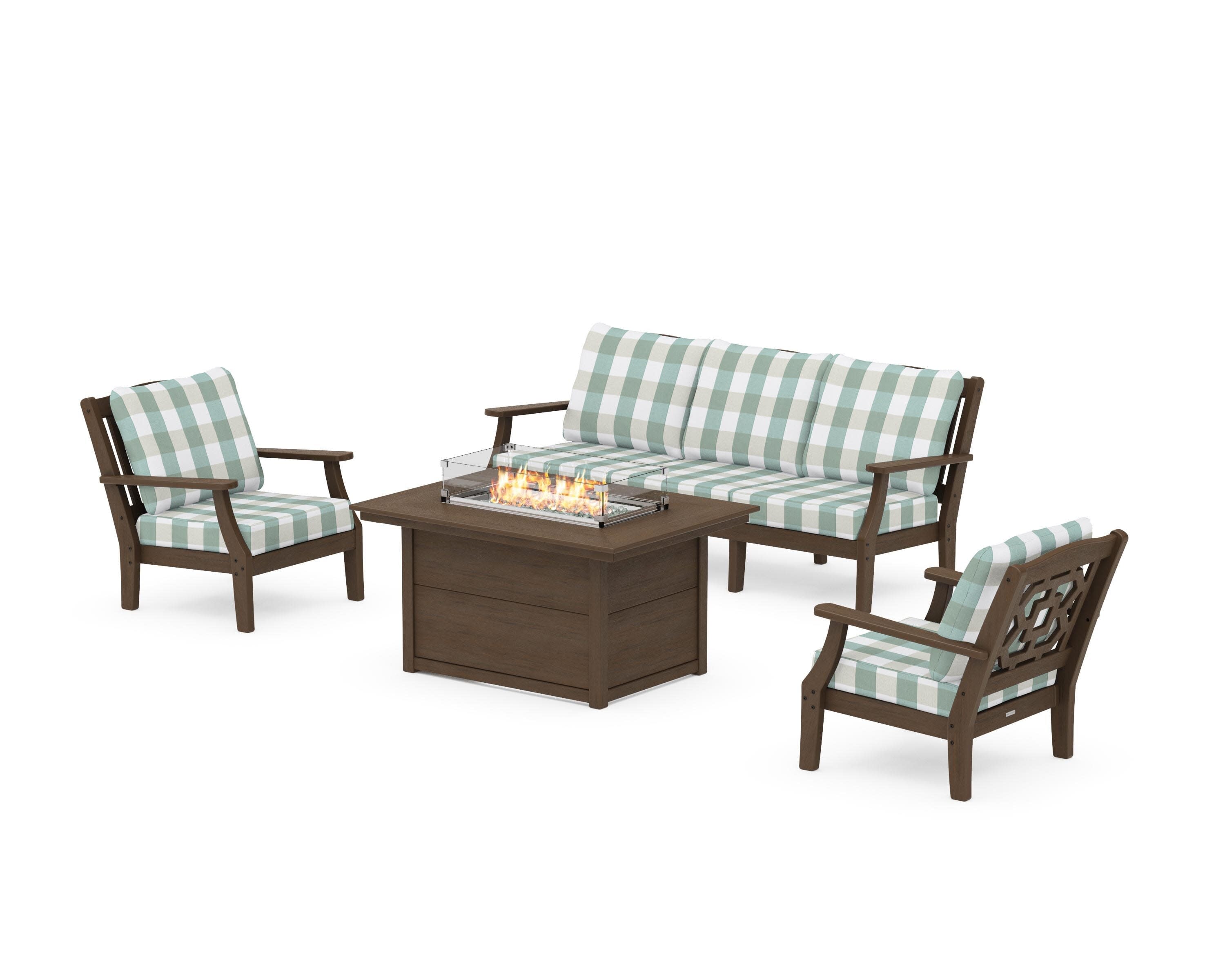 Chinoiserie Deep Seating Fire Pit Table Set in Kona / Buffalo Plaid Glacier Spa