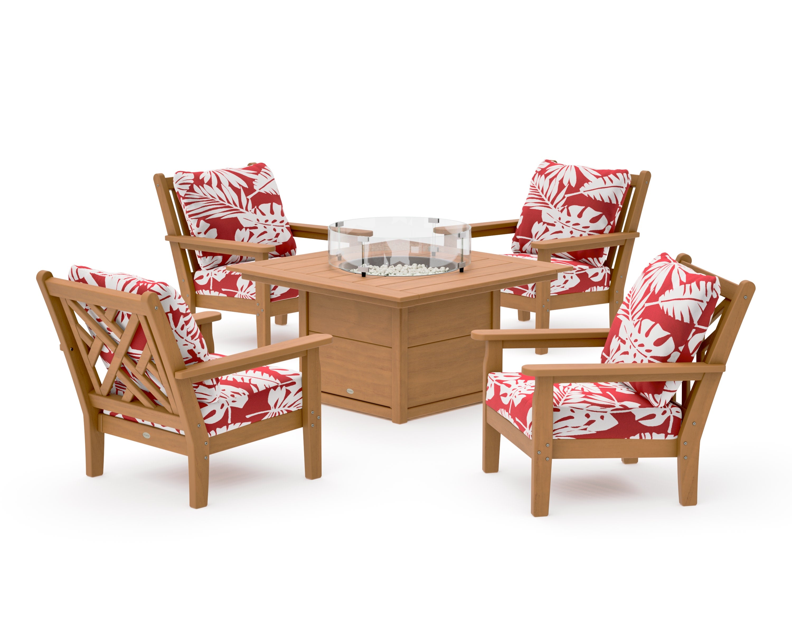 Chippendale 5-Piece Deep Seating Set with Fire Pit Table in Natural / Leaf Crimson