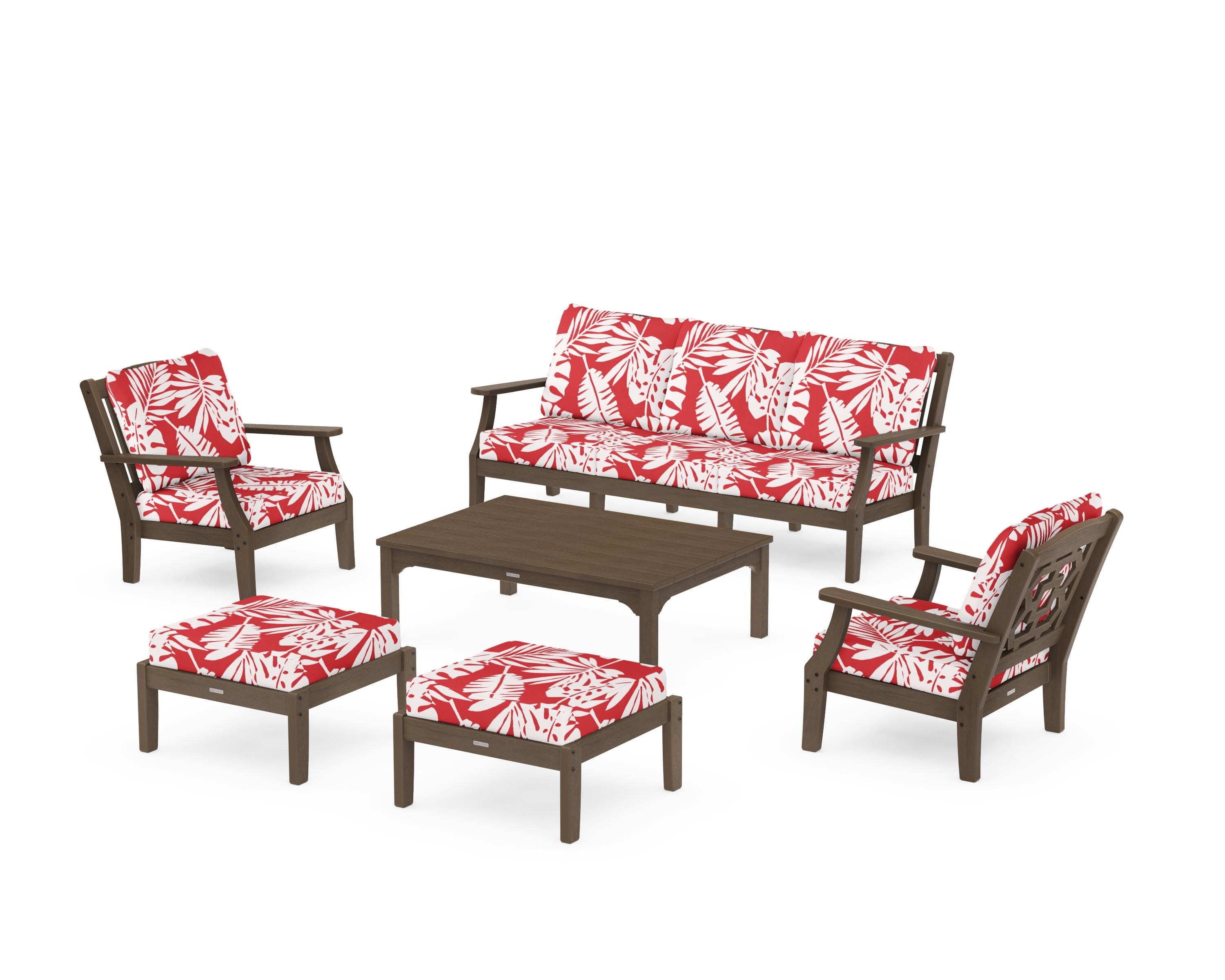 Chinoiserie 6-Piece Lounge Sofa Set in Kona / Leaf Crimson