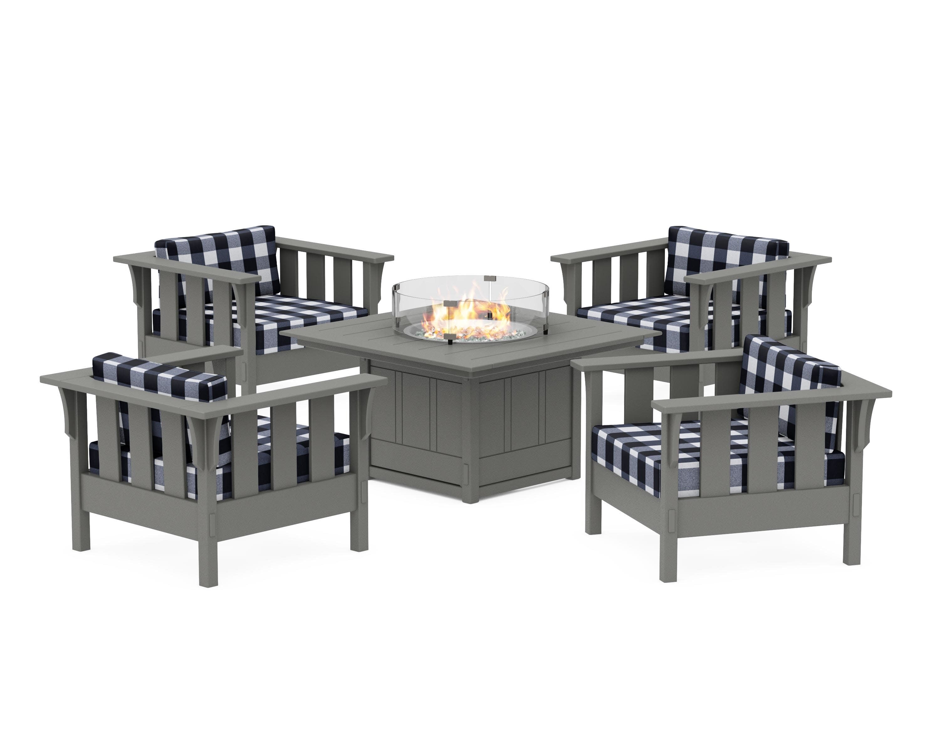 Acadia 5-Piece Deep Seating Set with Fire Pit Table in Slate Grey / Buffalo Plaid Marine Indigo