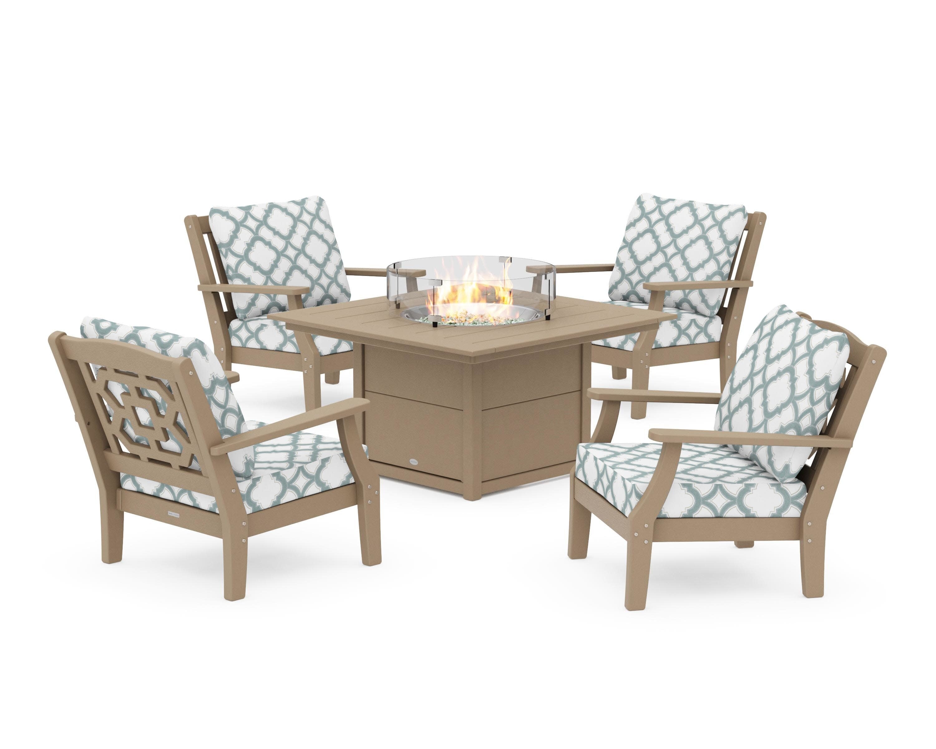 Chinoiserie 5-Piece Deep Seating Set with Fire Pit Table in Vintage Sahara / Trellis Glacier Spa