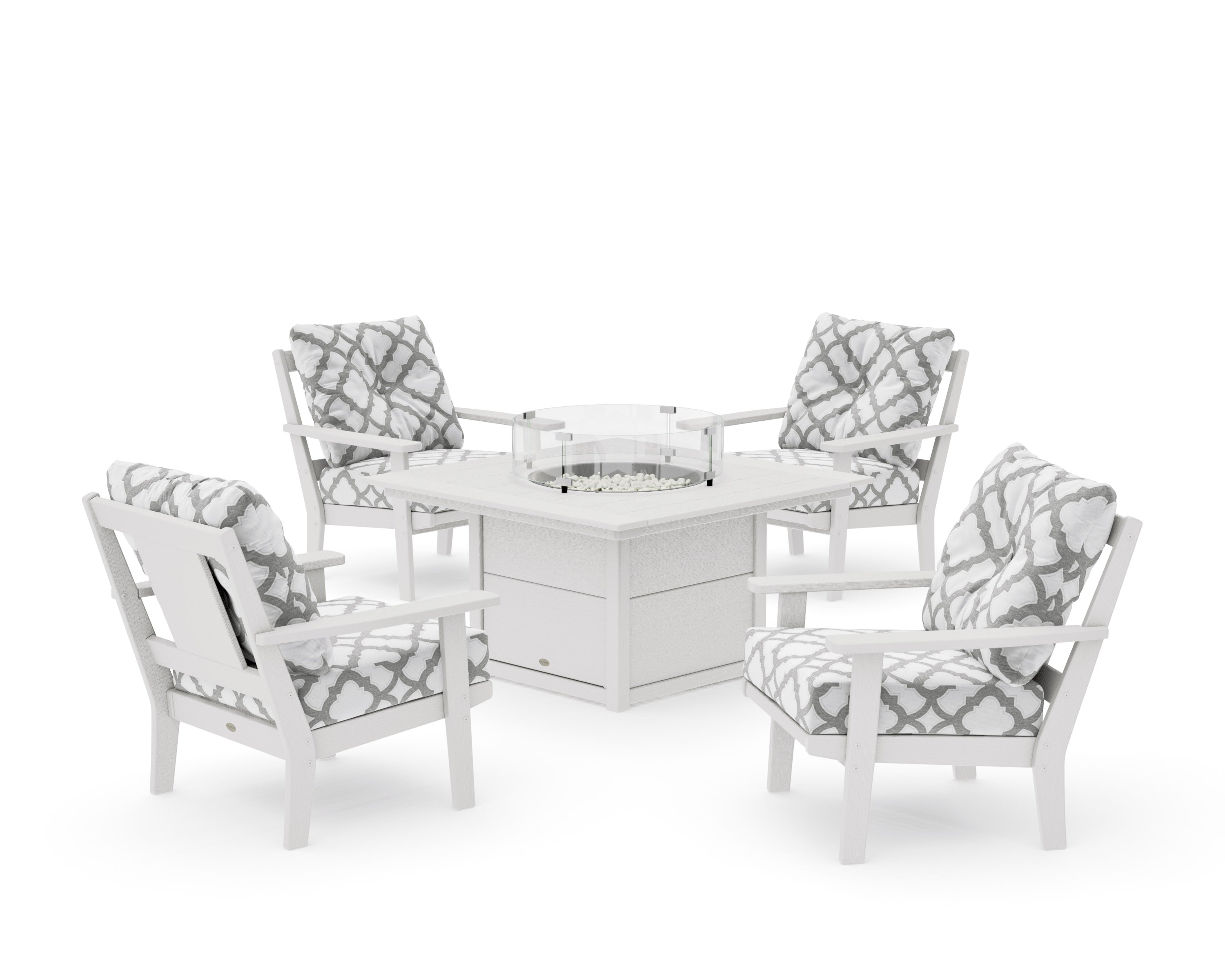 Prairie 5-Piece Deep Seating Set with Fire Pit Table in Vintage White / Trellis Grey Mist