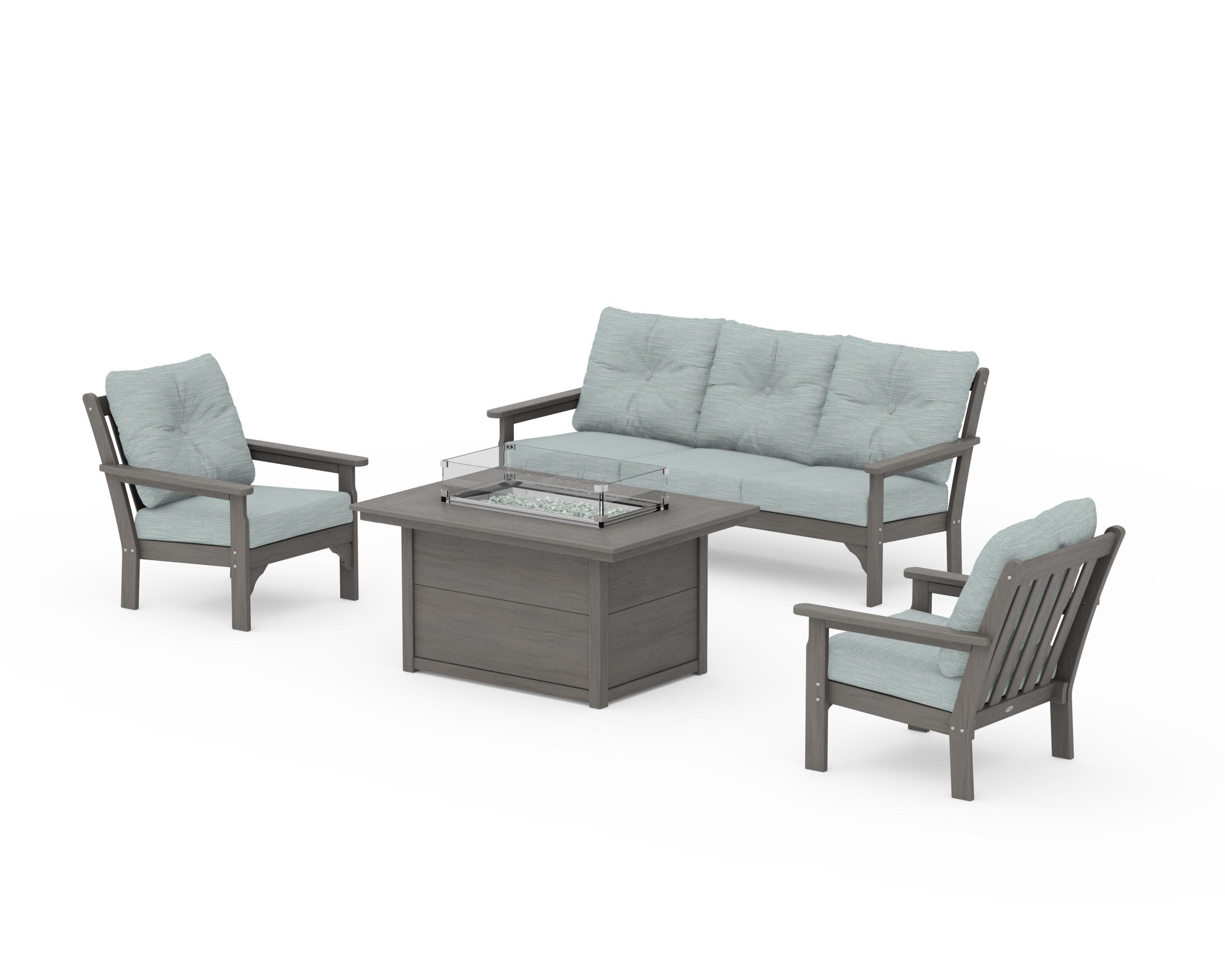 Vineyard Deep Seating Fire Pit Table Set in Driftwood / Soothe Mist
