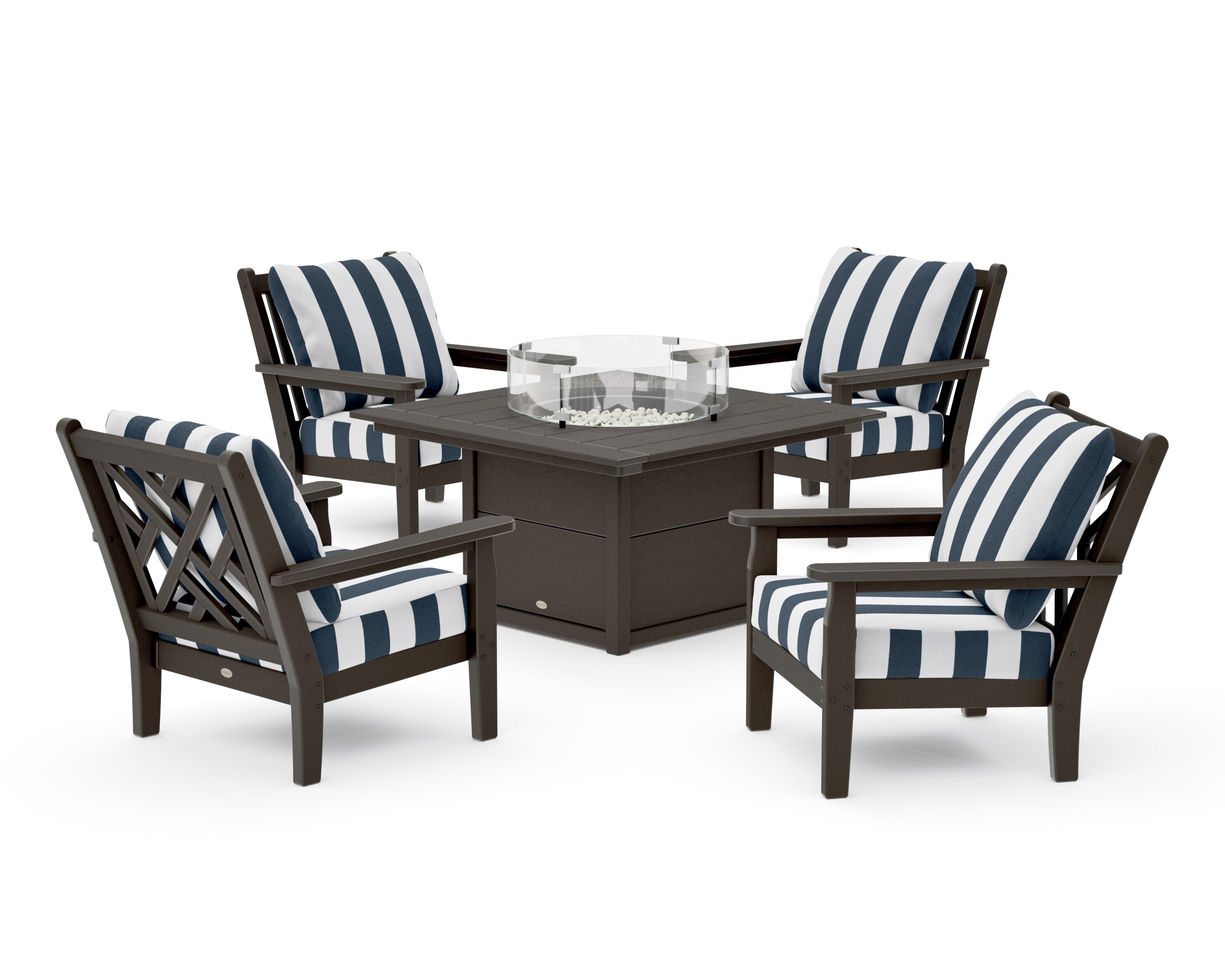 Chippendale 5-Piece Deep Seating Set with Fire Pit Table in Vintage Coffee / Cabana Stripe Marine Indigo