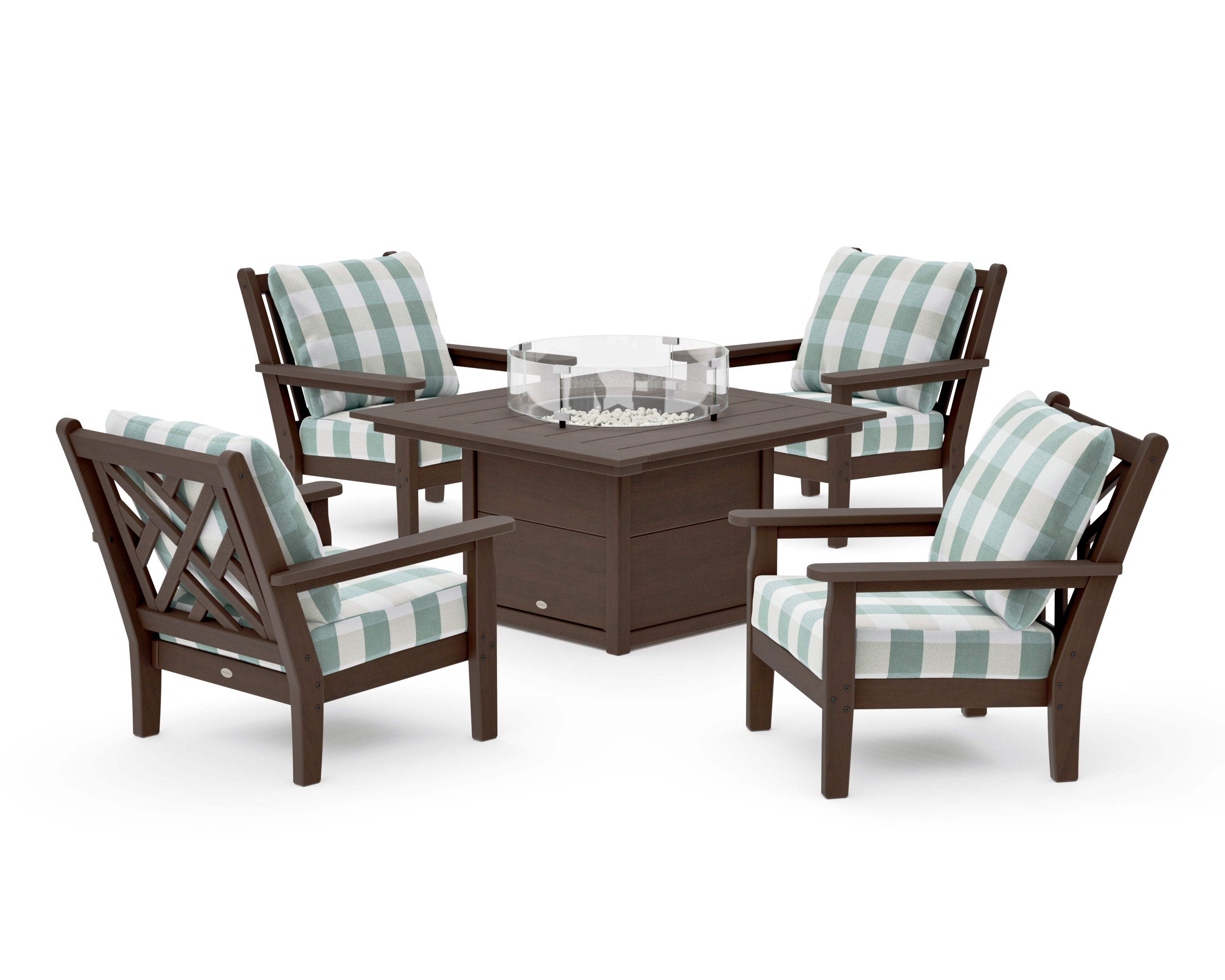 Chippendale 5-Piece Deep Seating Set with Fire Pit Table in Kona / Buffalo Plaid Glacier Spa