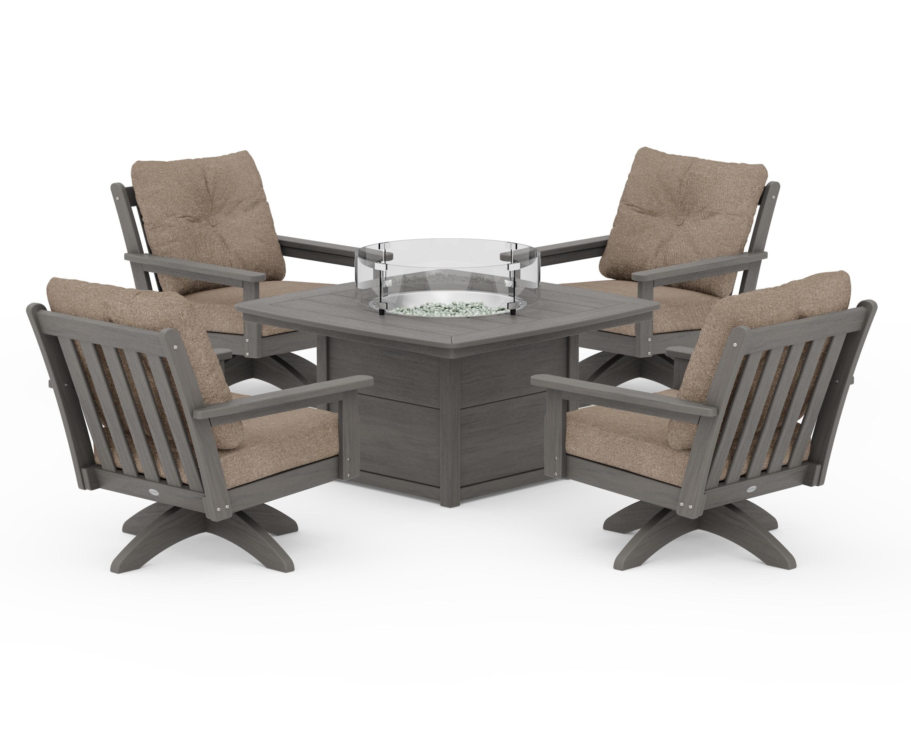 Vineyard 5-Piece Deep Seating Swivel Conversation Set with Fire Pit Table in Driftwood / Spiced Burlap