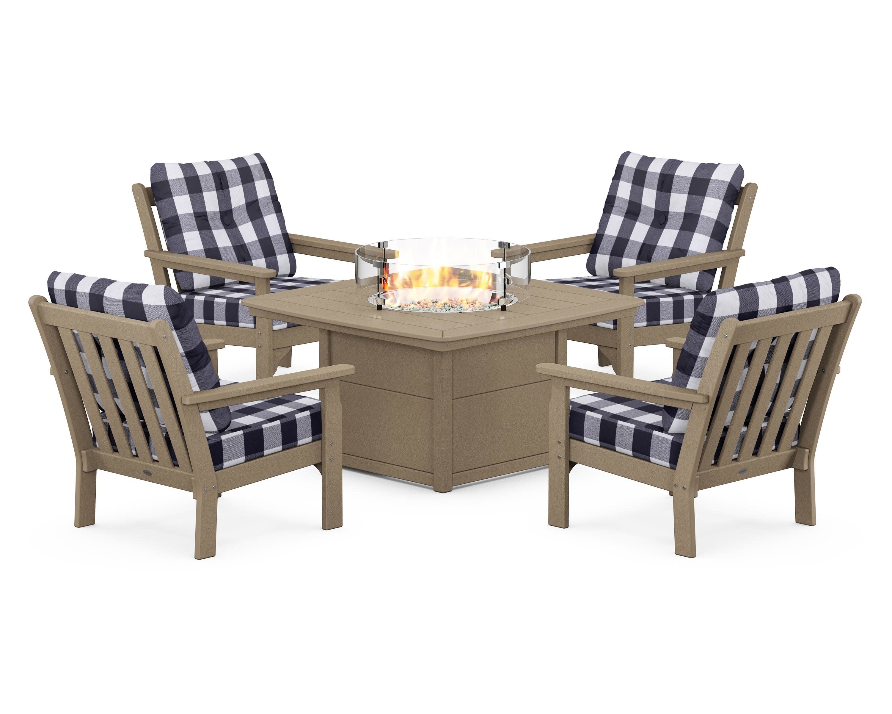 Vineyard 5-Piece Conversation Set with Fire Pit Table in Vintage Sahara / Buffalo Plaid Navy