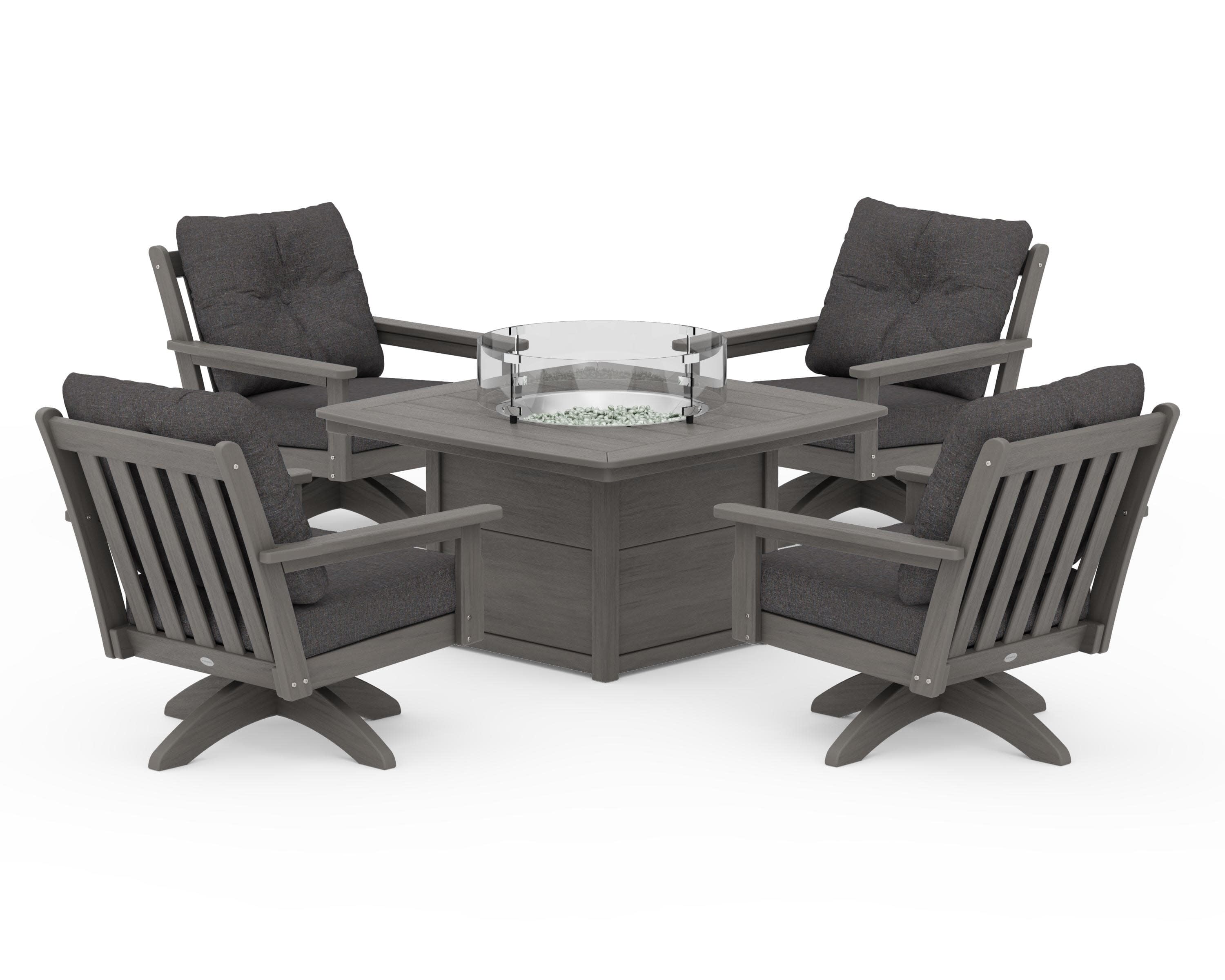 Vineyard 5-Piece Deep Seating Swivel Conversation Set with Fire Pit Table in Driftwood / Ash Charcoal