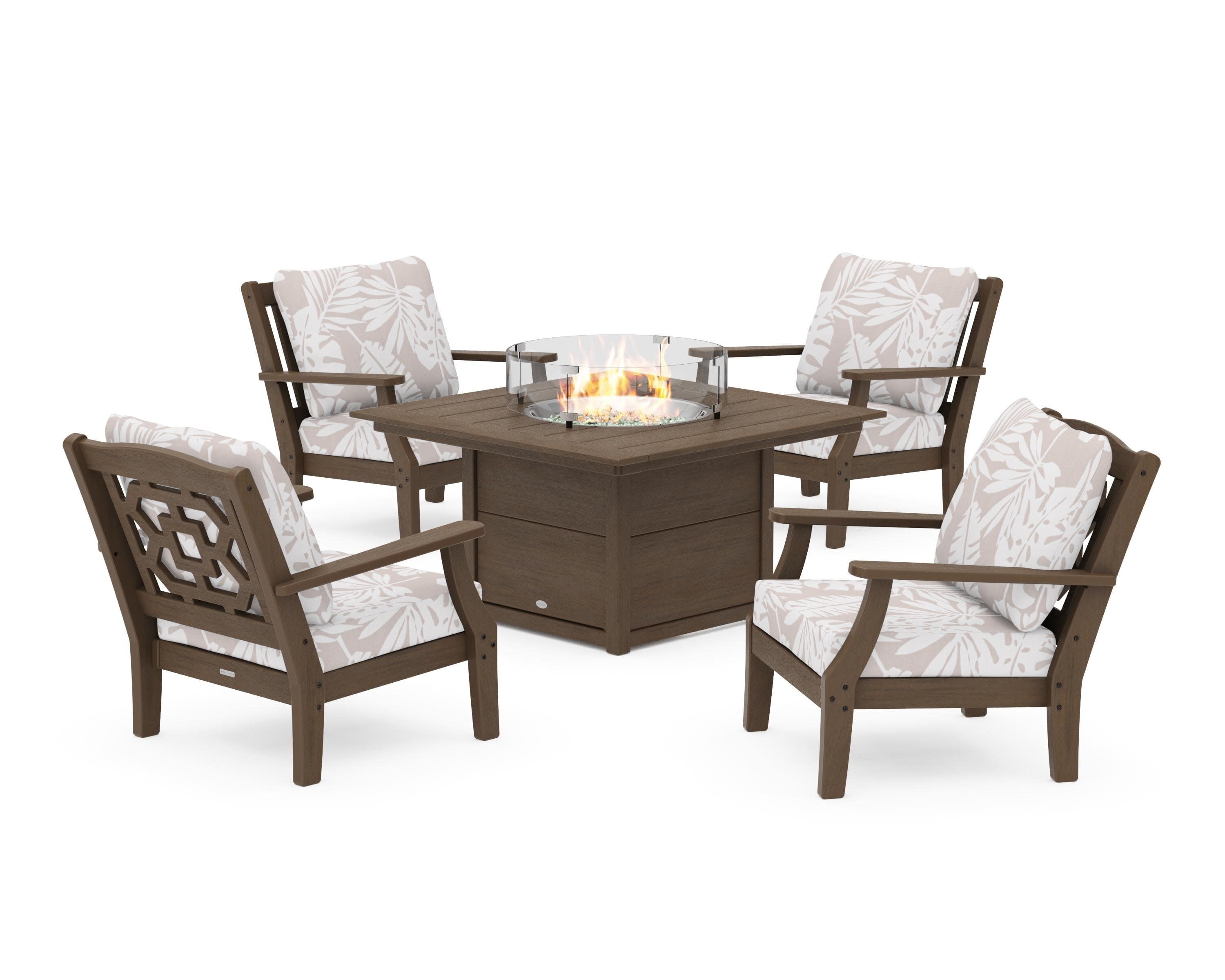 Chinoiserie 5-Piece Deep Seating Set with Fire Pit Table in Kona / Leaf Dune Burlap