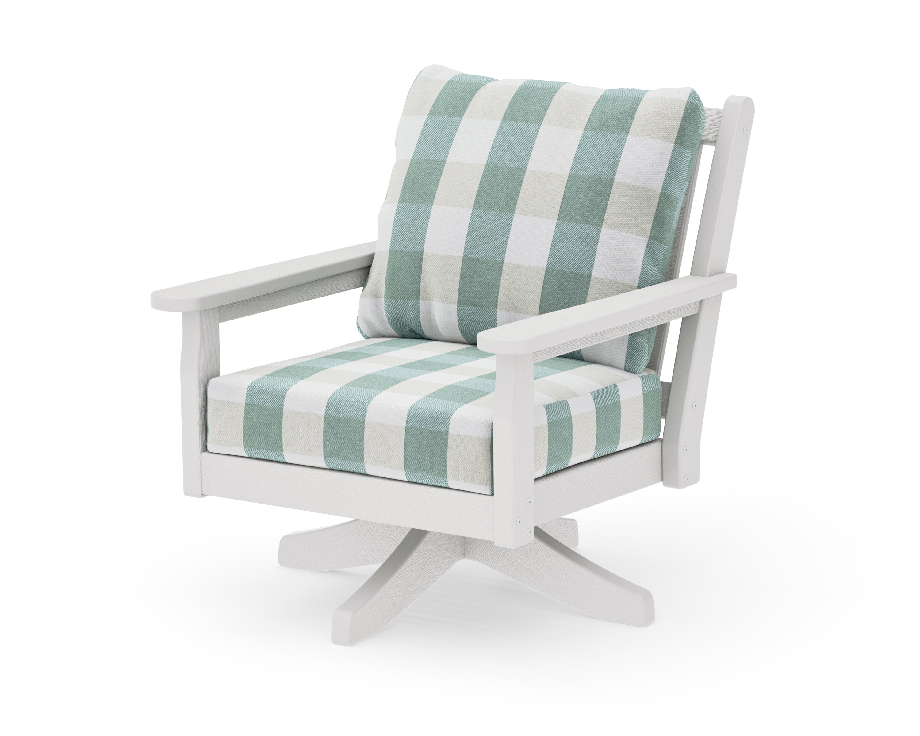 Chippendale Deep Seating Swivel Chair in Vintage White / Buffalo Plaid Glacier Spa