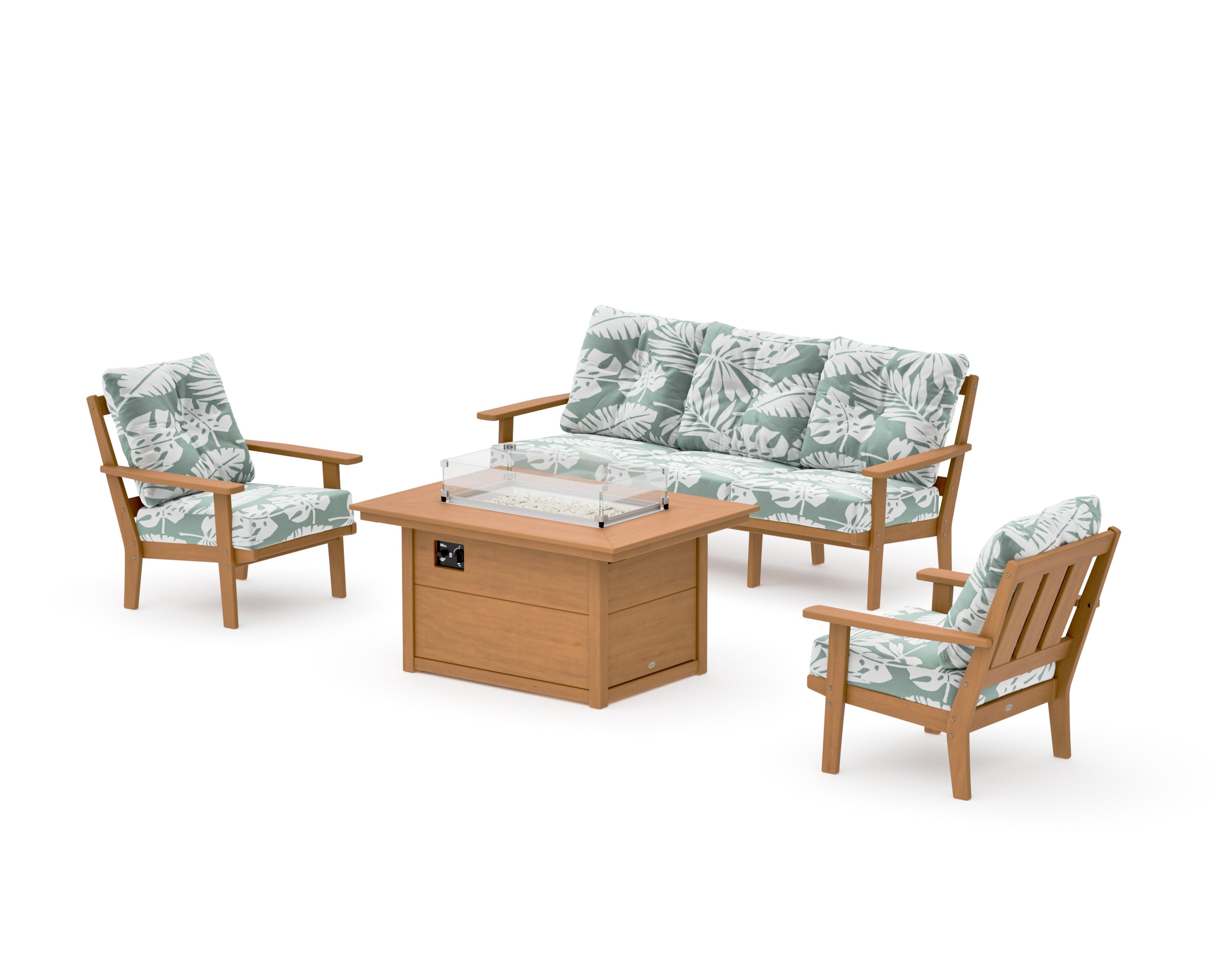 Oxford Deep Seating Fire Pit Table Set in Natural / Leaf Glacier Spa