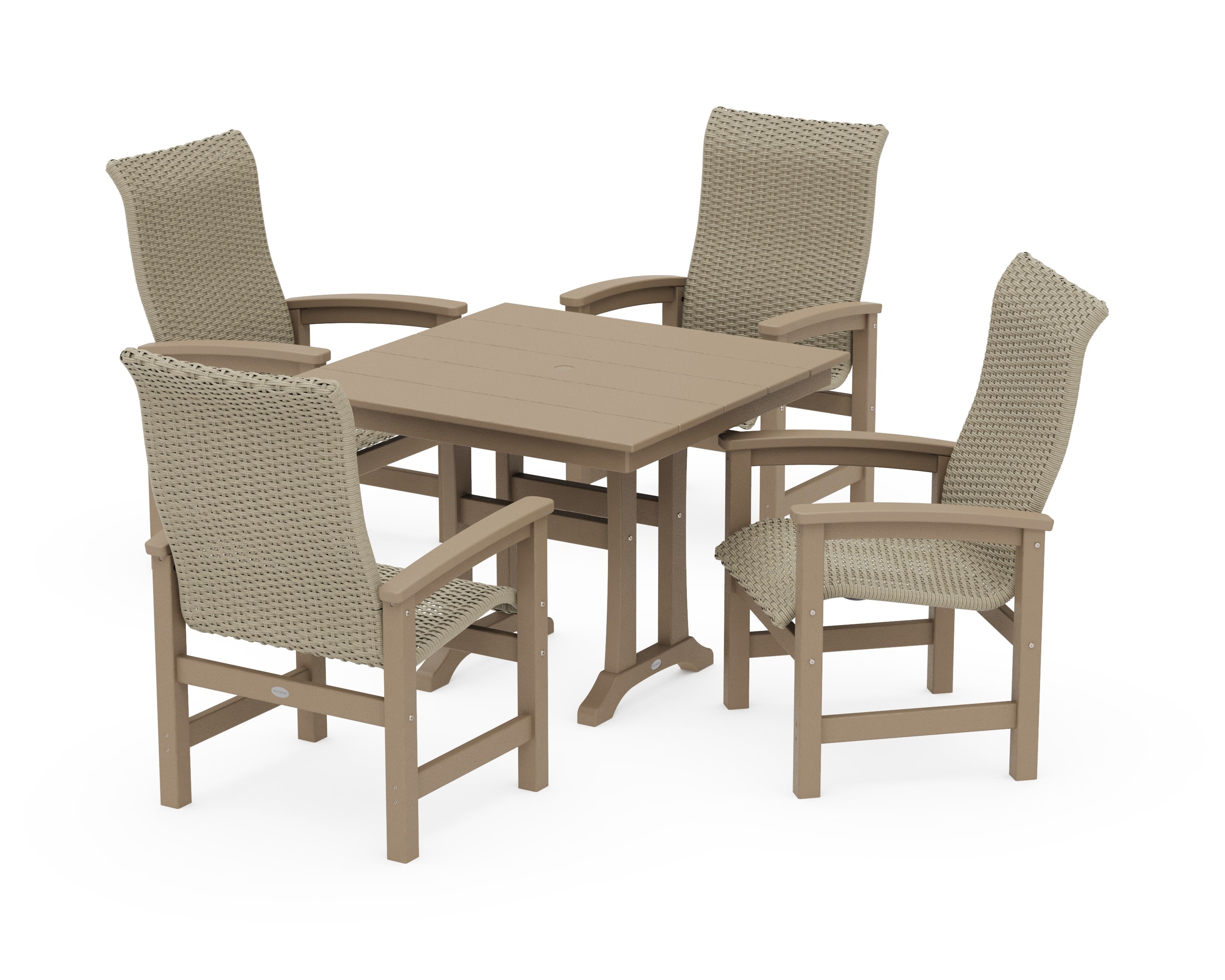 Coastal Woven High-Back 5-Piece Farmhouse Dining Set with Trestle Legs in Vintage Sahara / Dune Grass