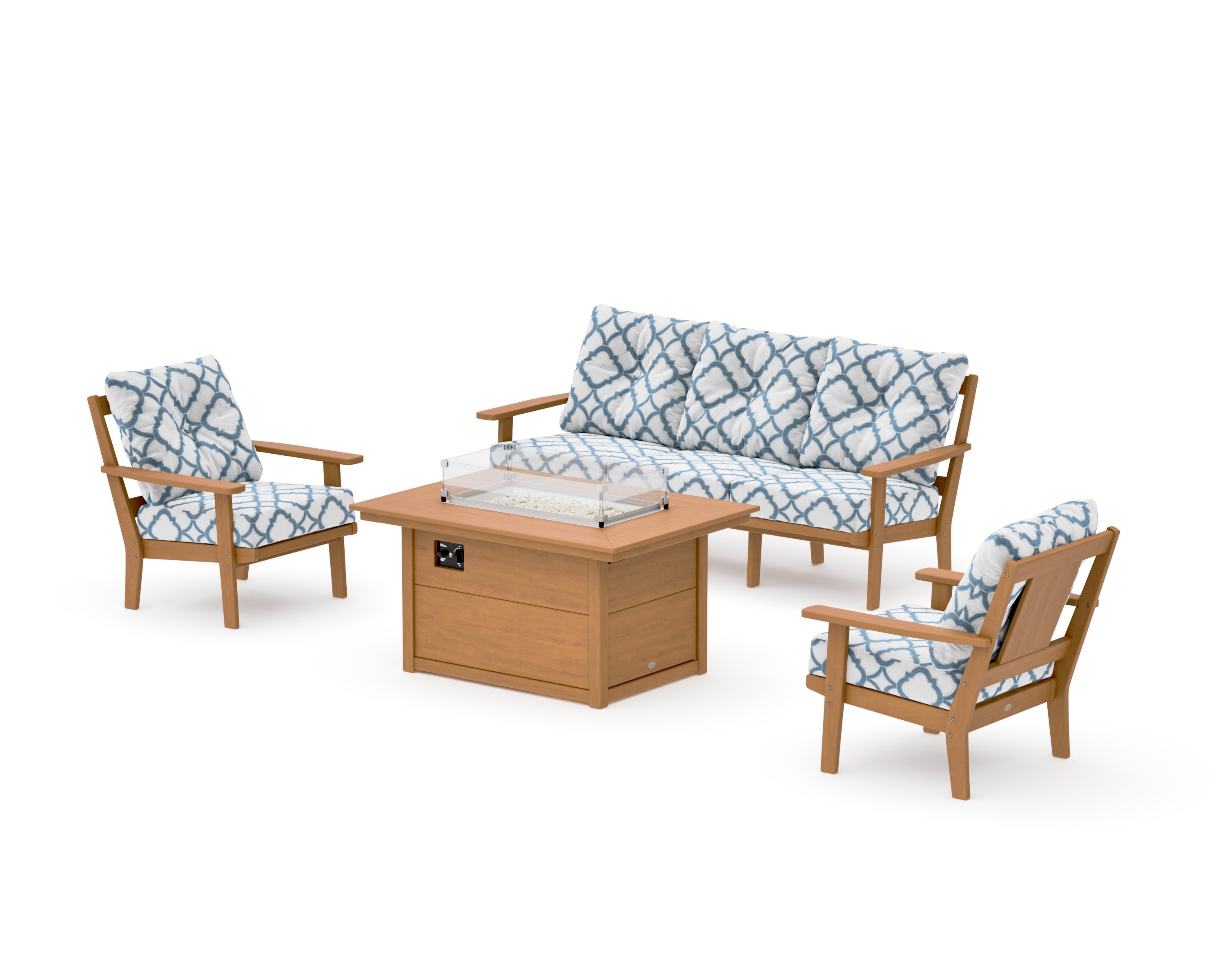 Prairie Deep Seating Fire Pit Table Set in Natural / Trellis Sky Blue