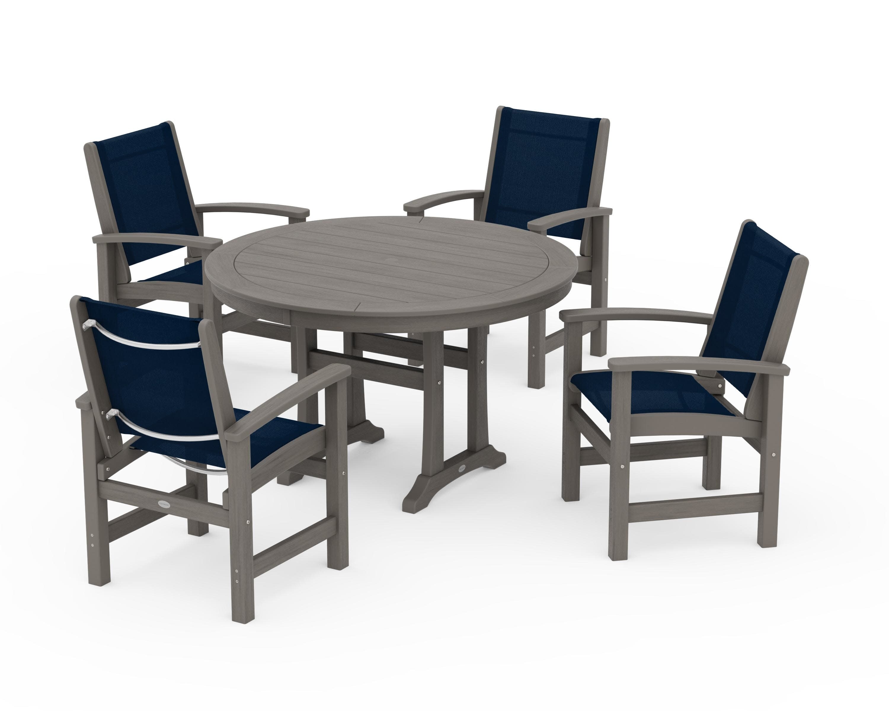Coastal 5-Piece Round Dining Set with Trestle Legs in Driftwood / Navy Blue Sling
