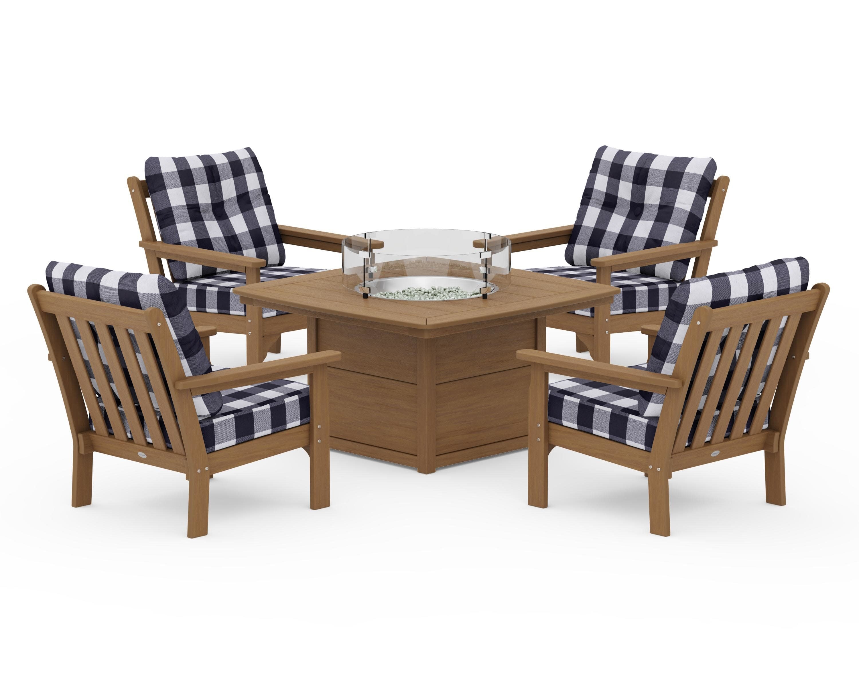 Vineyard 5-Piece Conversation Set with Fire Pit Table in Natural / Buffalo Plaid Navy