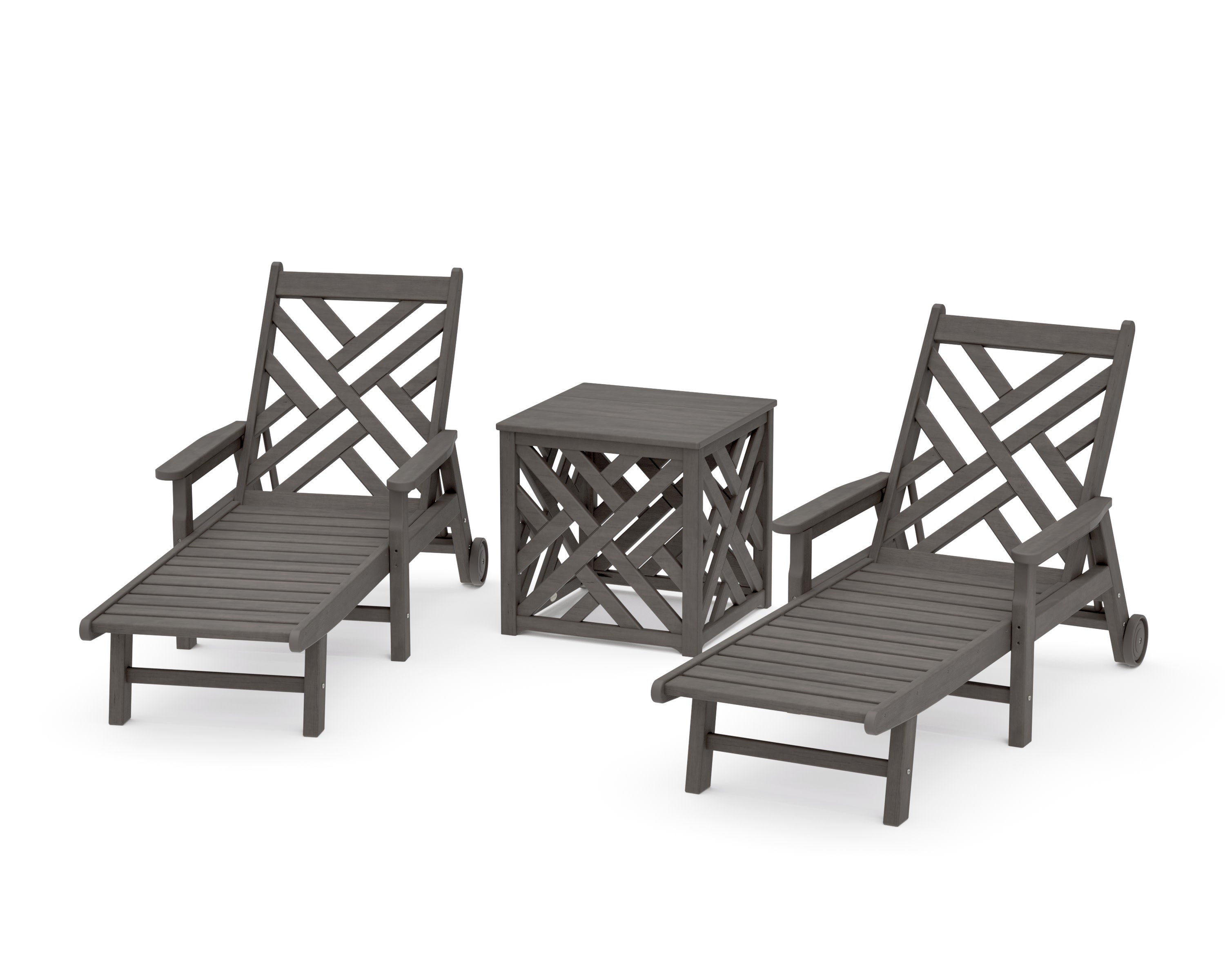 Chippendale 3-Piece Chaise Set with Umbrella Stand Accent Table in Driftwood