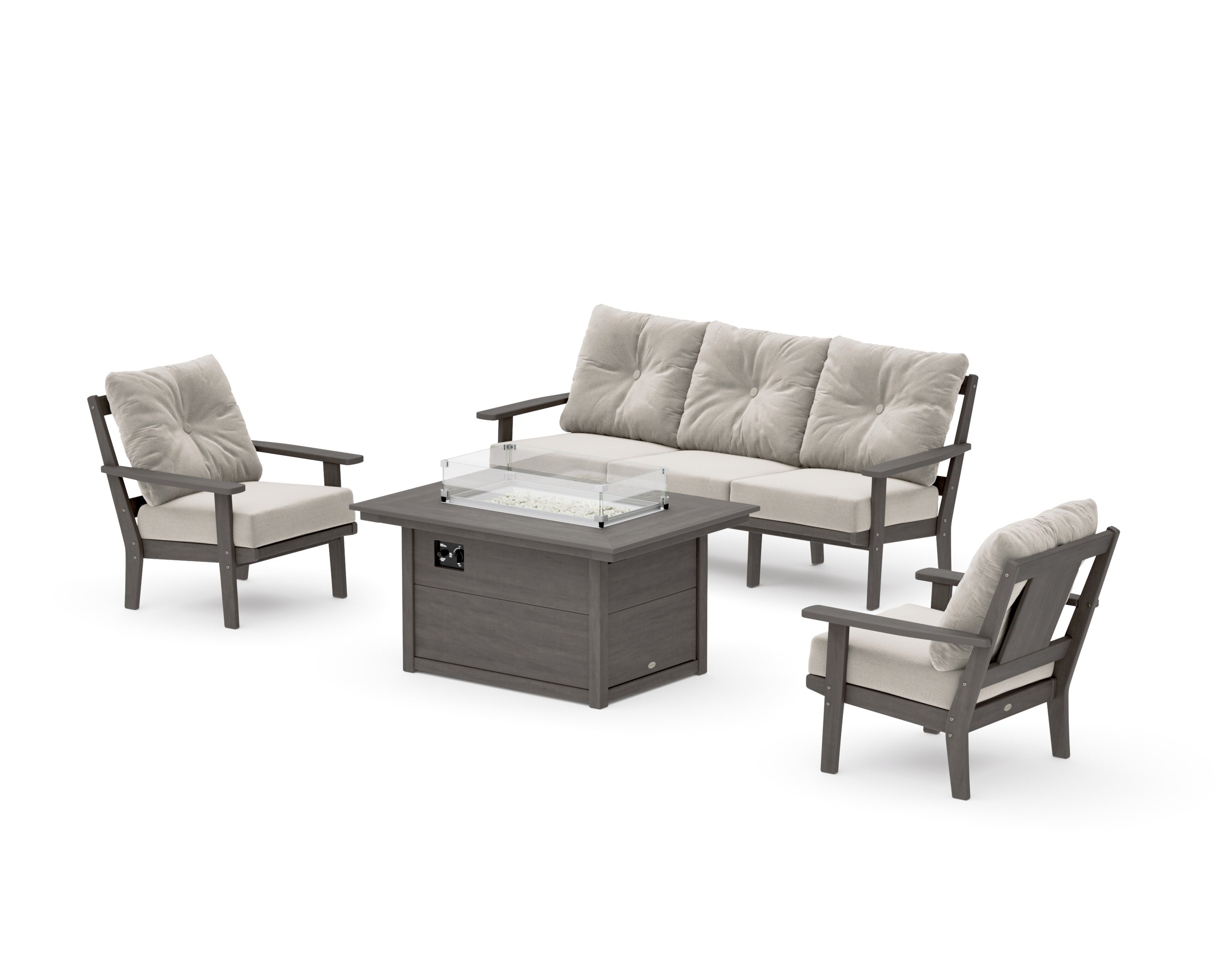 Prairie Deep Seating Fire Pit Table Set in Driftwood / Dune Burlap